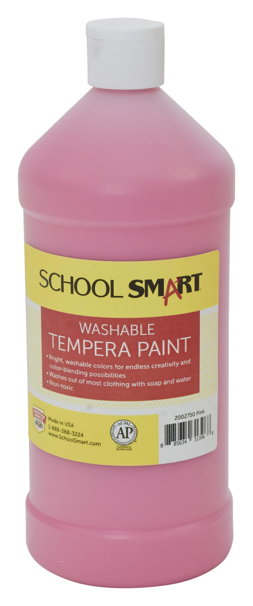 School Smart Washable Tempera Paint - Non-Toxic Pink Paint for Kids, 1 Quart Bottle - Perfect for Classroom Art Projects & DIY Crafts
