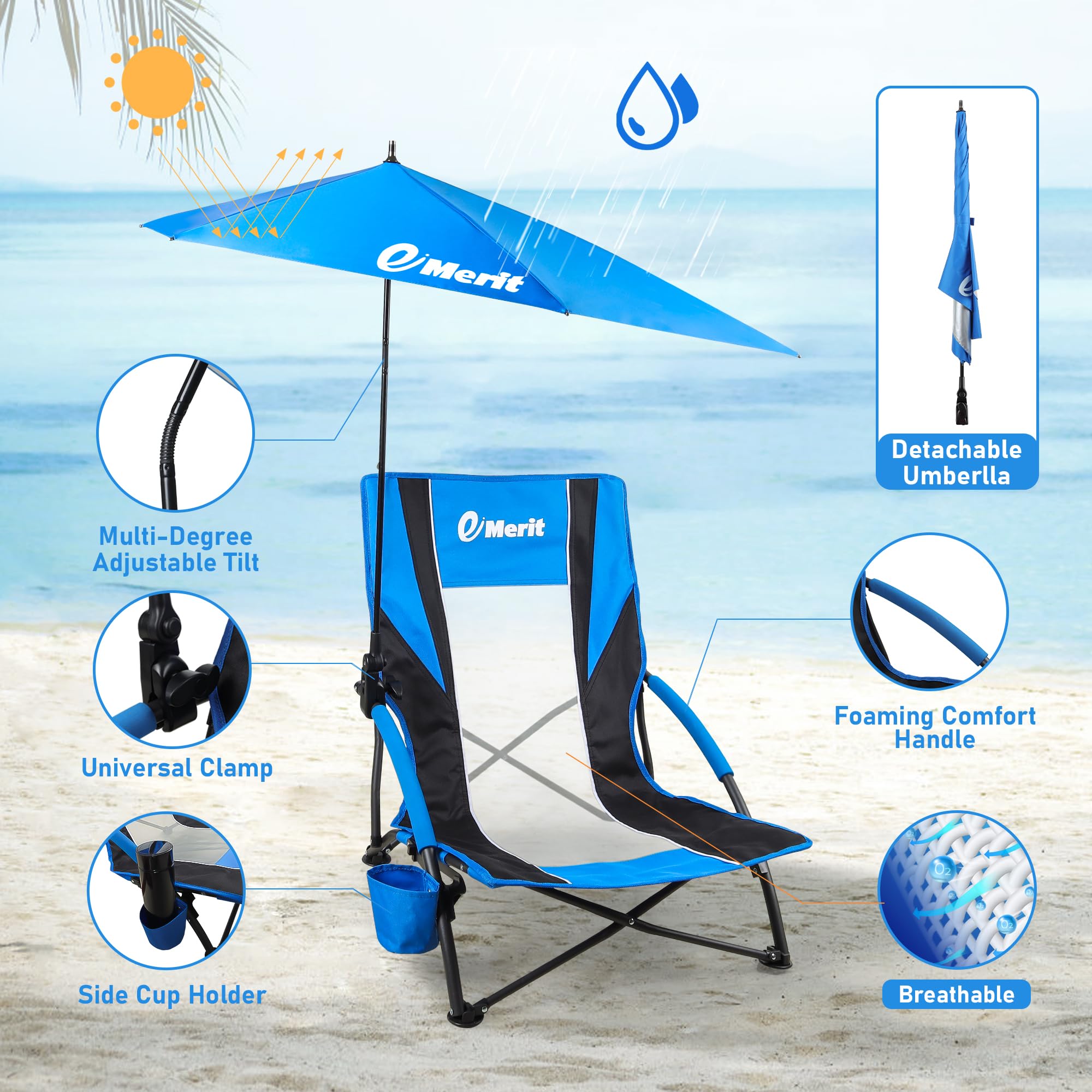 EMERIT Low Beach Chairs for Adults - Portable Folding Backpack Camping Chair with Cup Holder & Umbrella | Lightweight Outdoor Lounge Chair for Beach, Pool, Picnic, Backyard, and Travel