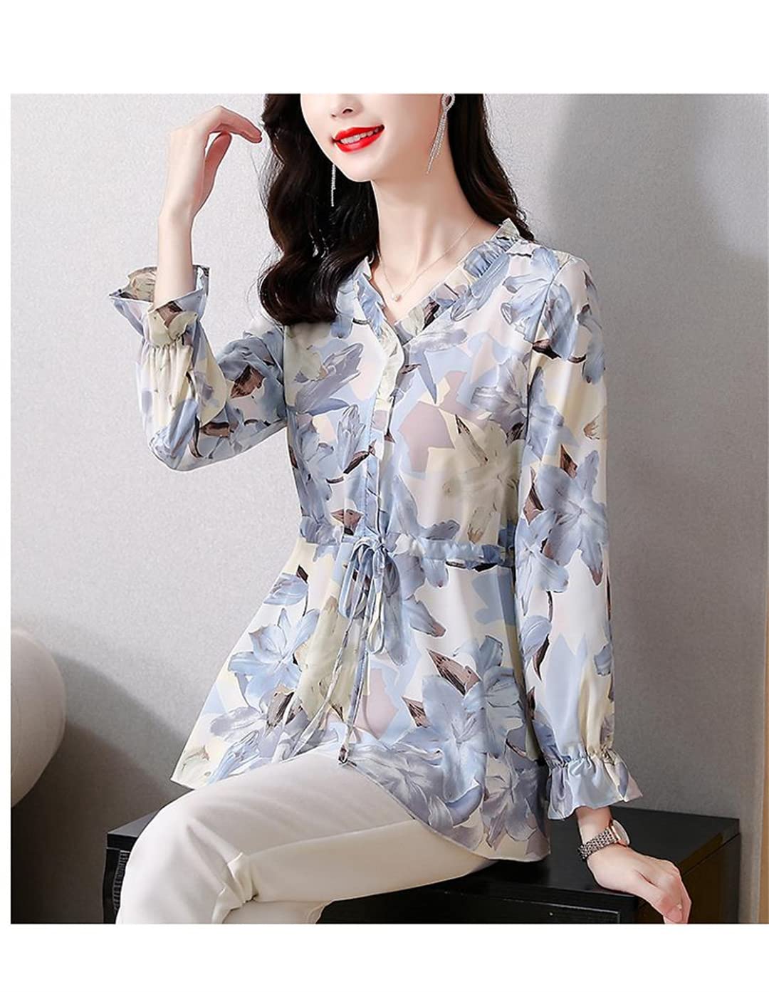 Boho Floral Print V-Neck Long Sleeve Blouse for Women - Loose Fit Drawstring Tops in Blue XL | Perfect for Casual Outings, Beach Cover-Ups & Festival Fashion