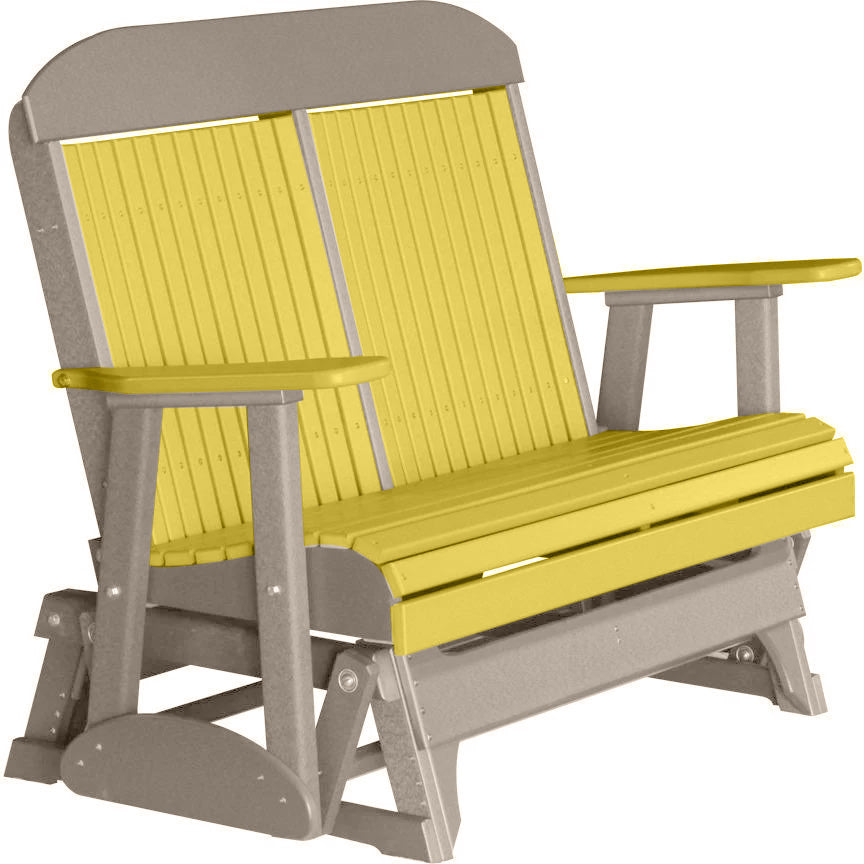 LuxCraft 4FT Yellow Recycled Plastic Highback Outdoor Glider Bench with Cup Holder - Durable Patio Furniture for Garden, Porch & Backyard Relaxation