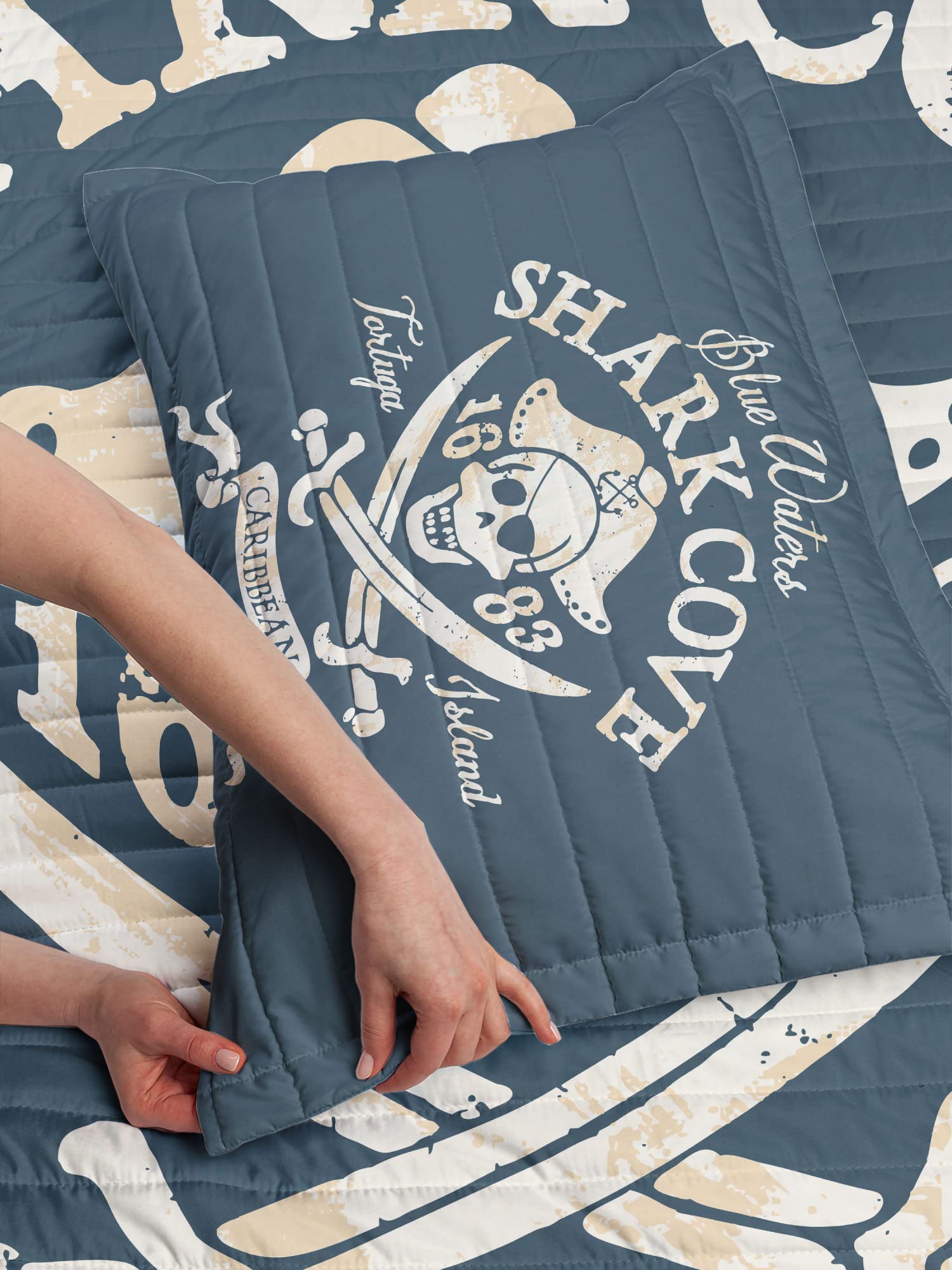 Ambesonne Pirate Reversible Bedspread Set - Shark Cove Tortuga Island Caribbean Waters Retro Jolly Roger Design | Microfiber Comforter & Pillow Shams | Queen Size Bedding in Pale Mustard & Slate Blue | Perfect for Nautical Themed Bedrooms, Pirate Lovers & Coastal Decor