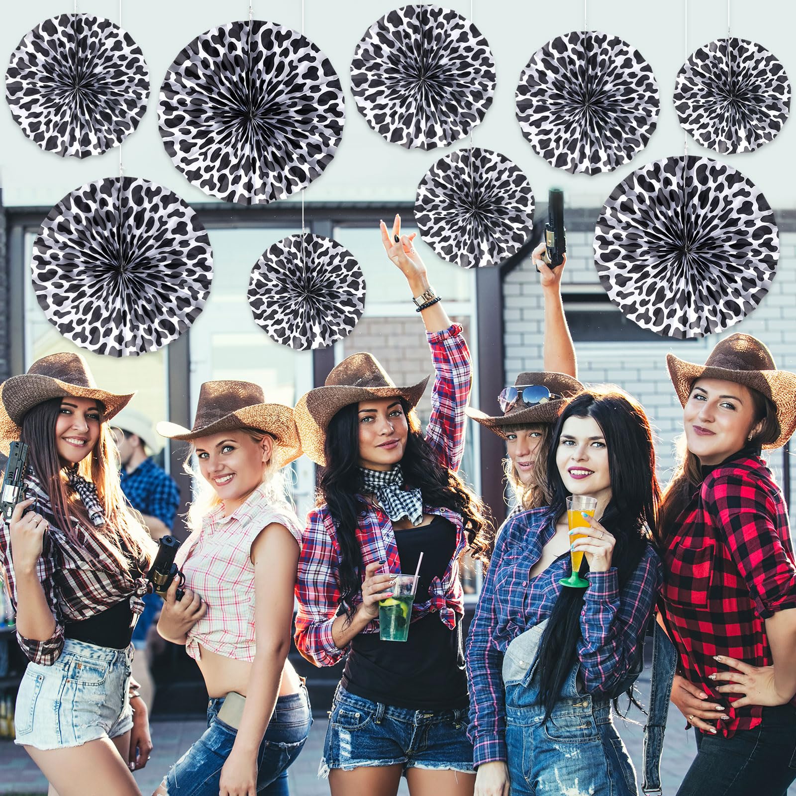 Outus 9-Piece Cow Print Paper Fans - Farm Animal Classroom Decor, Dalmatian Print Party Supplies for Western Birthday & Baby Shower (Black & White) | Perfect for Farm Theme Parties, School Events & Nursery Decorations