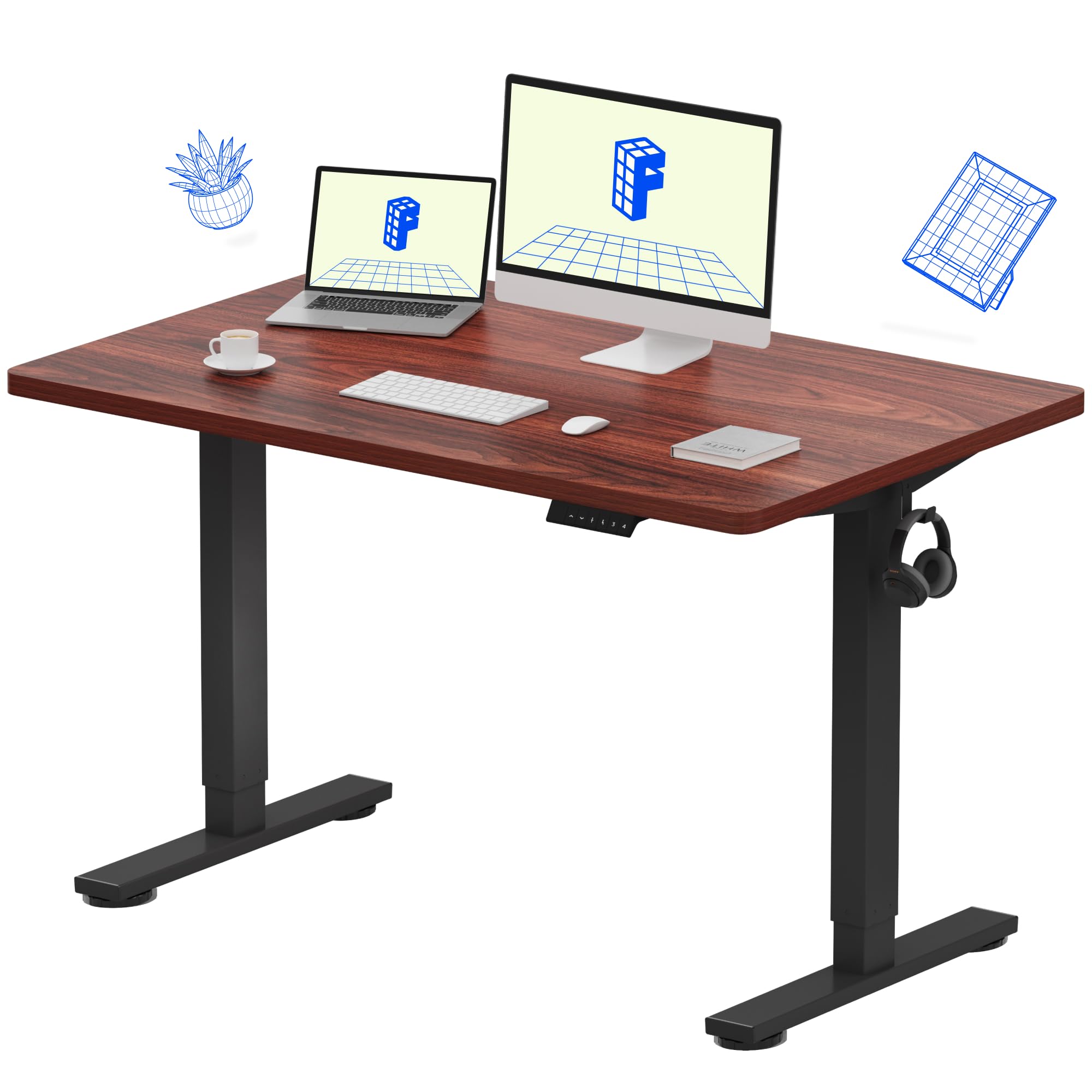 FLEXISPOT EN1 Electric Height Adjustable Standing Desk - 48 x 30 Inches Whole-Piece Sit Stand Workstation (Black Frame + Mahogany Top, 2 Packages) for Home Office, Gaming & Study