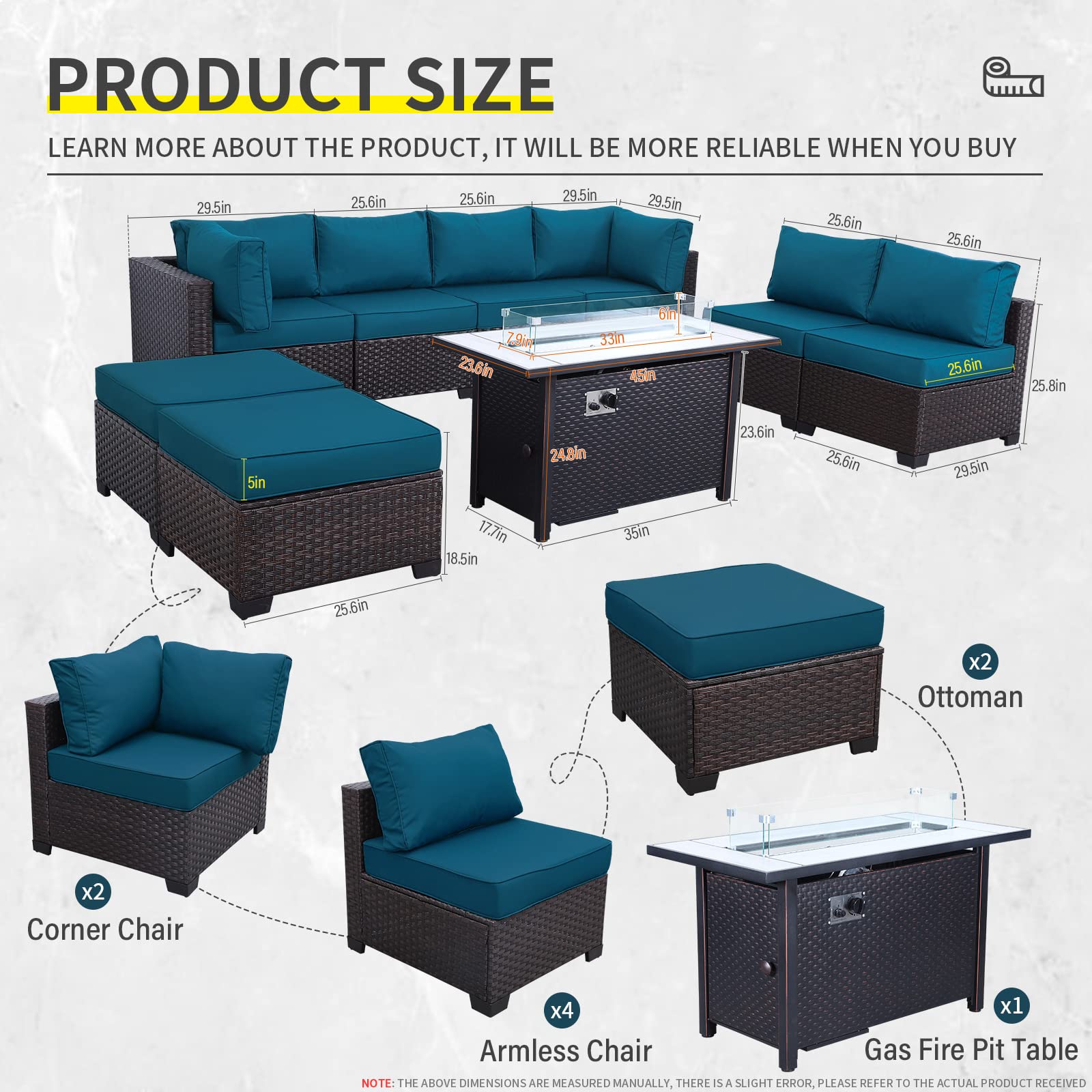9-Piece PE Rattan Outdoor Patio Furniture Set with Peacock Blue Cushions & 45