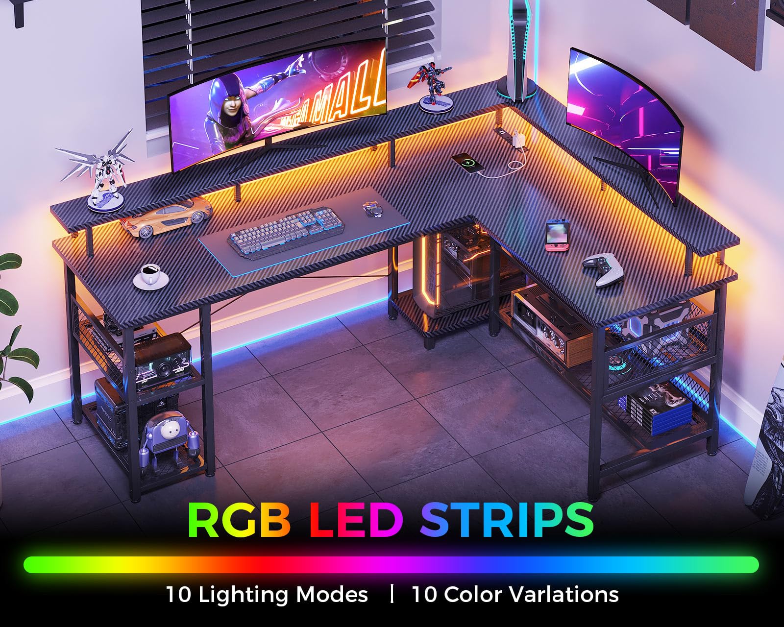 ODK 66 Inch L-Shaped Gaming Desk with Power Outlet & LED Lights - Carbon Fiber Texture PC Computer Desk, Reversible L-Shape Design with Storage Shelves & Monitor Stand - Perfect for Home Office, Streaming Setup & Gaming Battlestation (Black)