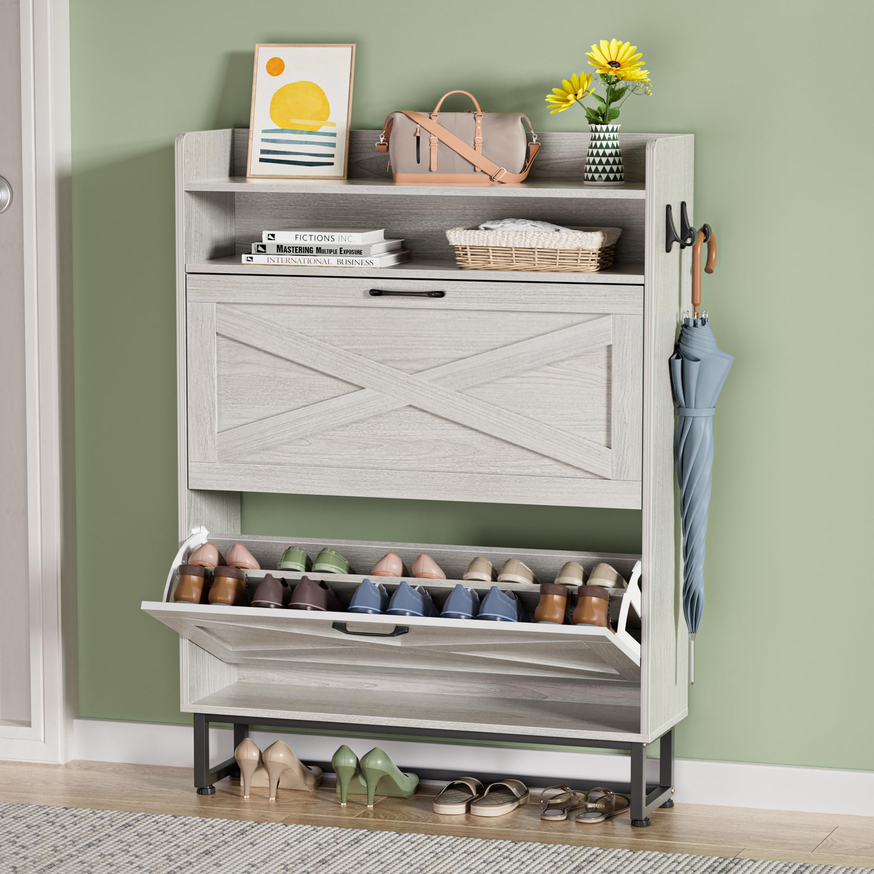 Slim Shoe Storage Cabinet with 2 Flip Drawers - Adjustable Shelves Freestanding Hidden Shoe Organizer for Entryway, Hallway, Closet - Space Saving Grey Cabinet for Shoes, Boots & Sneakers - Perfect for Small Apartments & Home Organization