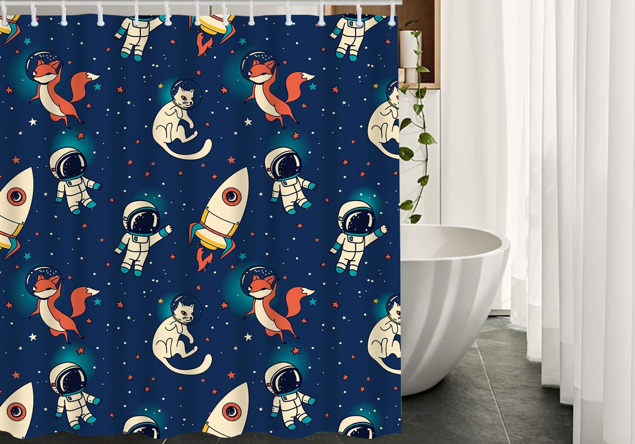 Cute Space Theme Shower Curtain Set with Cats, Foxes, Stars & Astronauts - 72x90 Inch Polyester Bathroom Decor for Kids & Adults - Perfect for Galaxy-Themed Bathrooms, Dorm Rooms & Space Enthusiasts