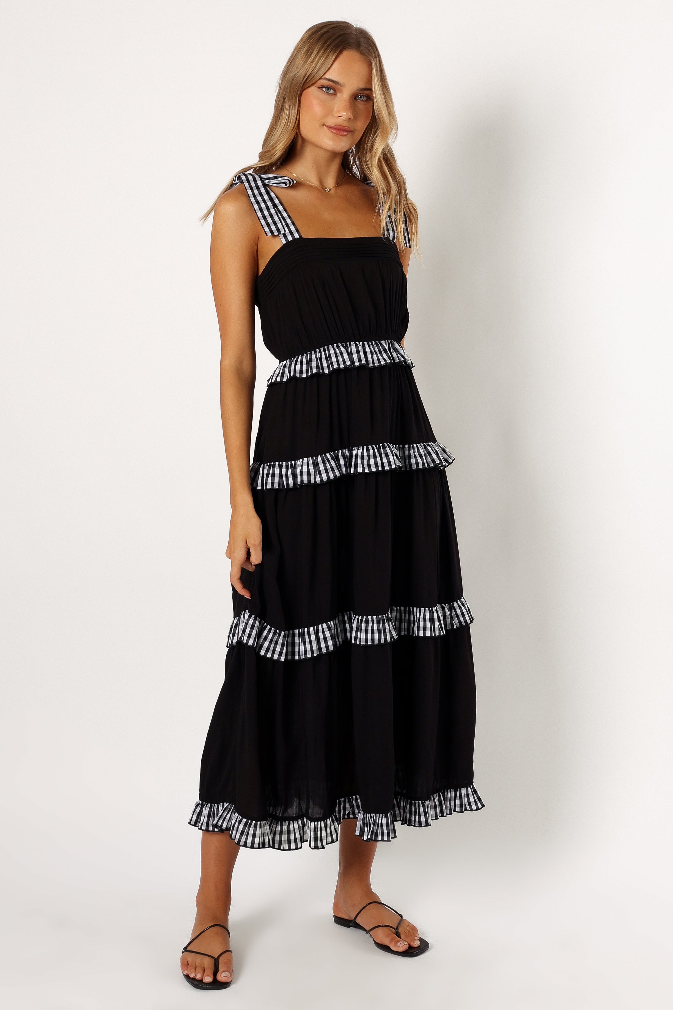 Charming Black Gingham Tiered Midi Dress for Women - Flowy Summer Dress with Ruffles for Casual Wear, Date Night & Vacation Outfits