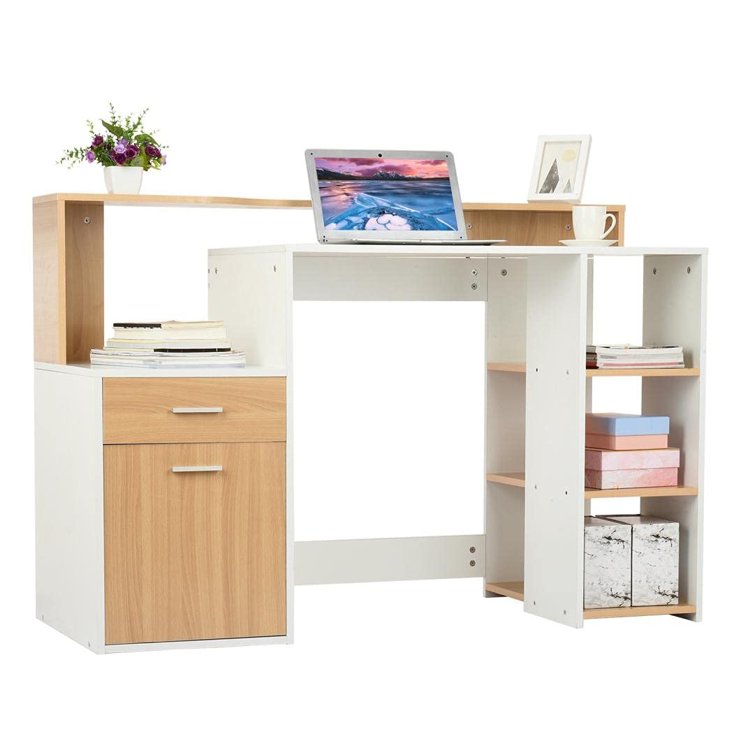 Multi-Purpose Wooden Desk with 6 Shelves & Drawers - Home Office Writing Study Table, Gaming Desk for Kids & Students, Workspace Organizer (Khaki, 137x55x92cm/53.93x21.65x36.22in) - Perfect for Remote Work, Online Classes & Small Space Living