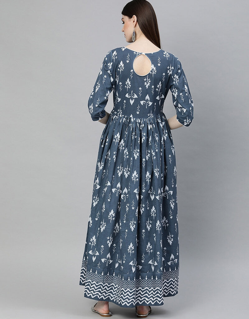 Stylish Blue Cotton Anarkali Kurti for Women - Traditional Indian Long Tunic Top - Perfect for Festivals, Weddings & Casual Wear