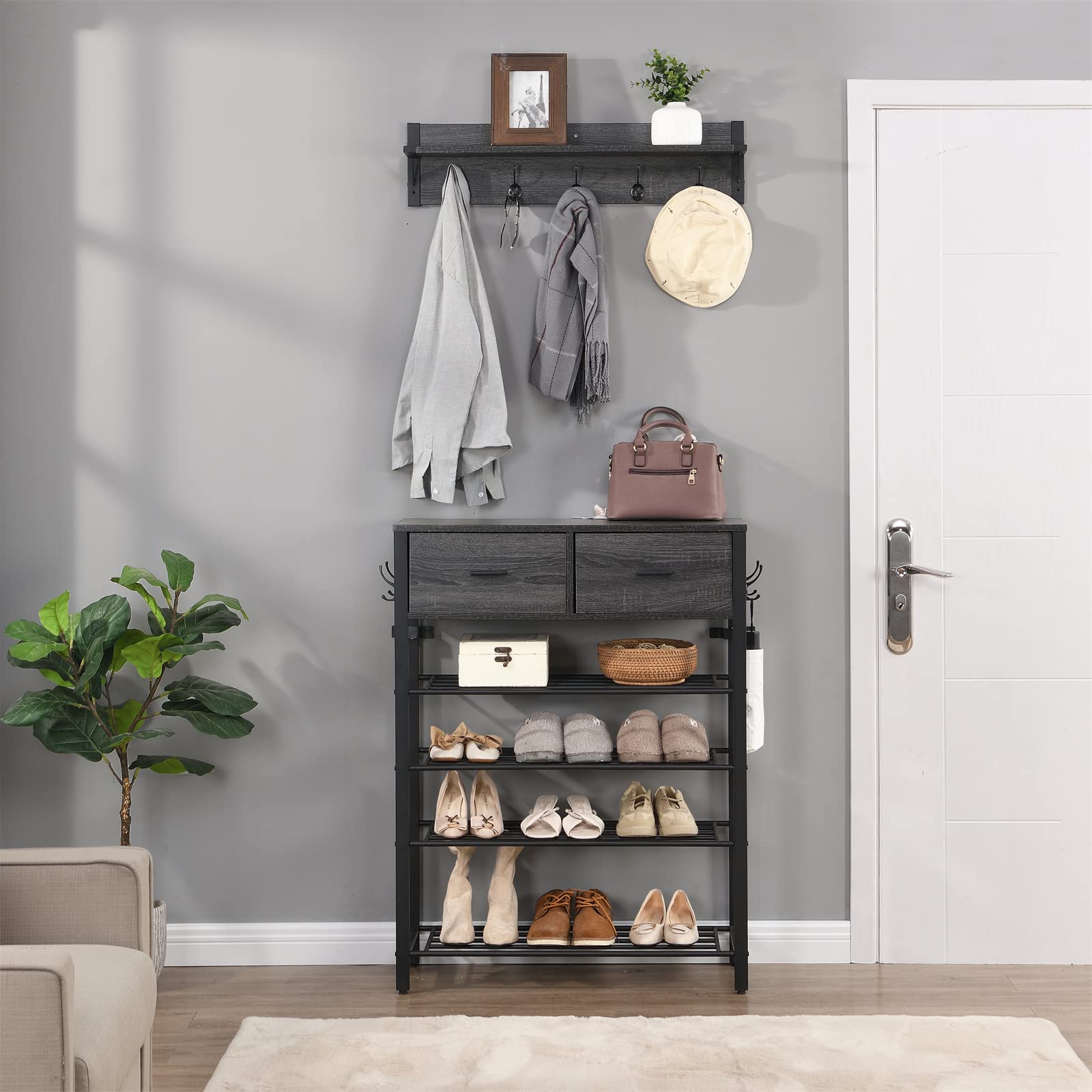 4-Tier Shoe Rack Organizer with Coat Rack & Drawer - Industrial Shoe Shelf with 4 Hooks for Entryway, Closet, Small Space - Perfect for Organizing Shoes, Hats, Bags & Coats in Home, Apartment or Dorm Room