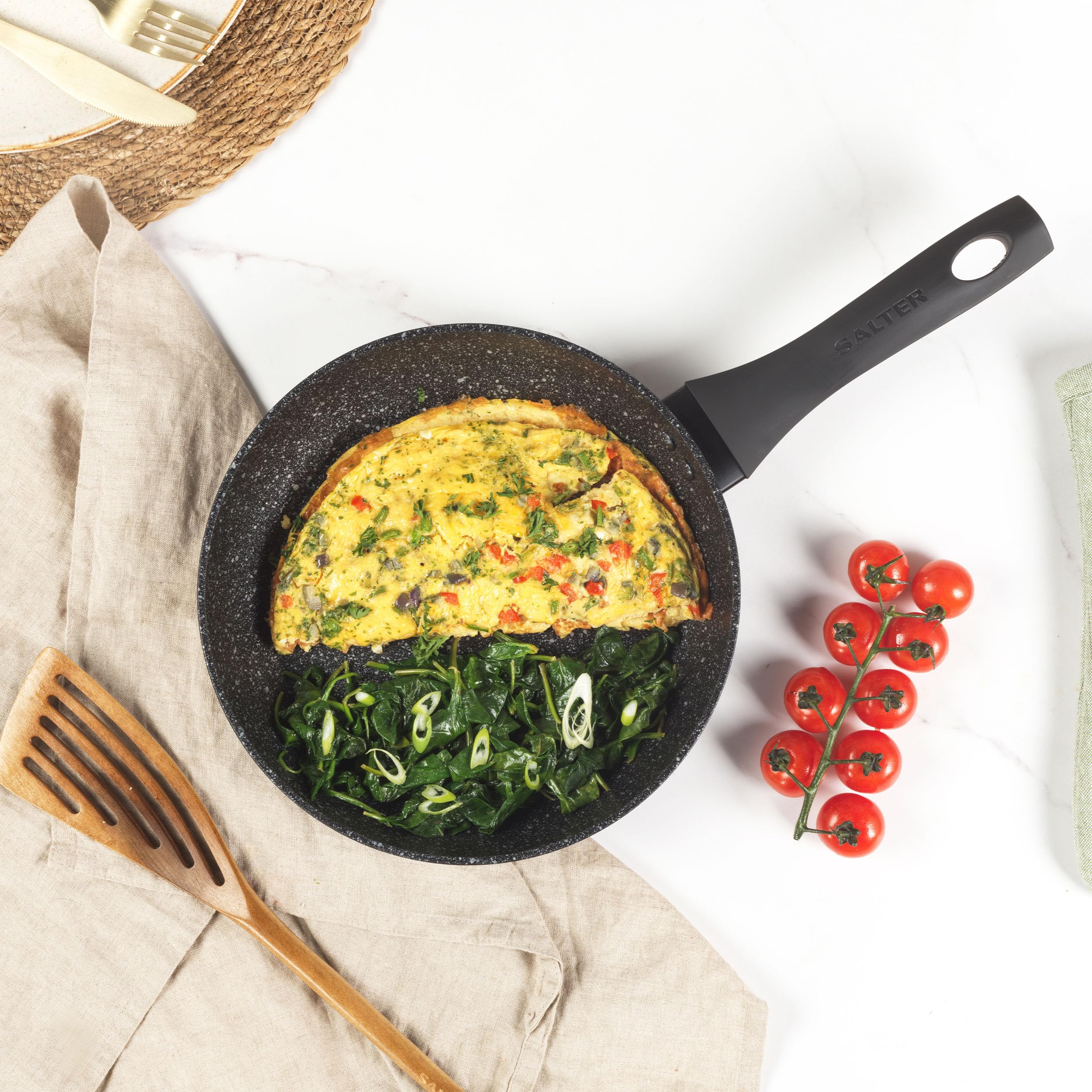 **Salter BW05746 Megastone 24 cm Non-Stick Frying Pan – PFOA-Free Forged Aluminum, 10x Durable Coating, Soft Touch Handle, Induction & Metal Utensil Safe – Perfect for Eggs, Pancakes & Stir-Fry**
