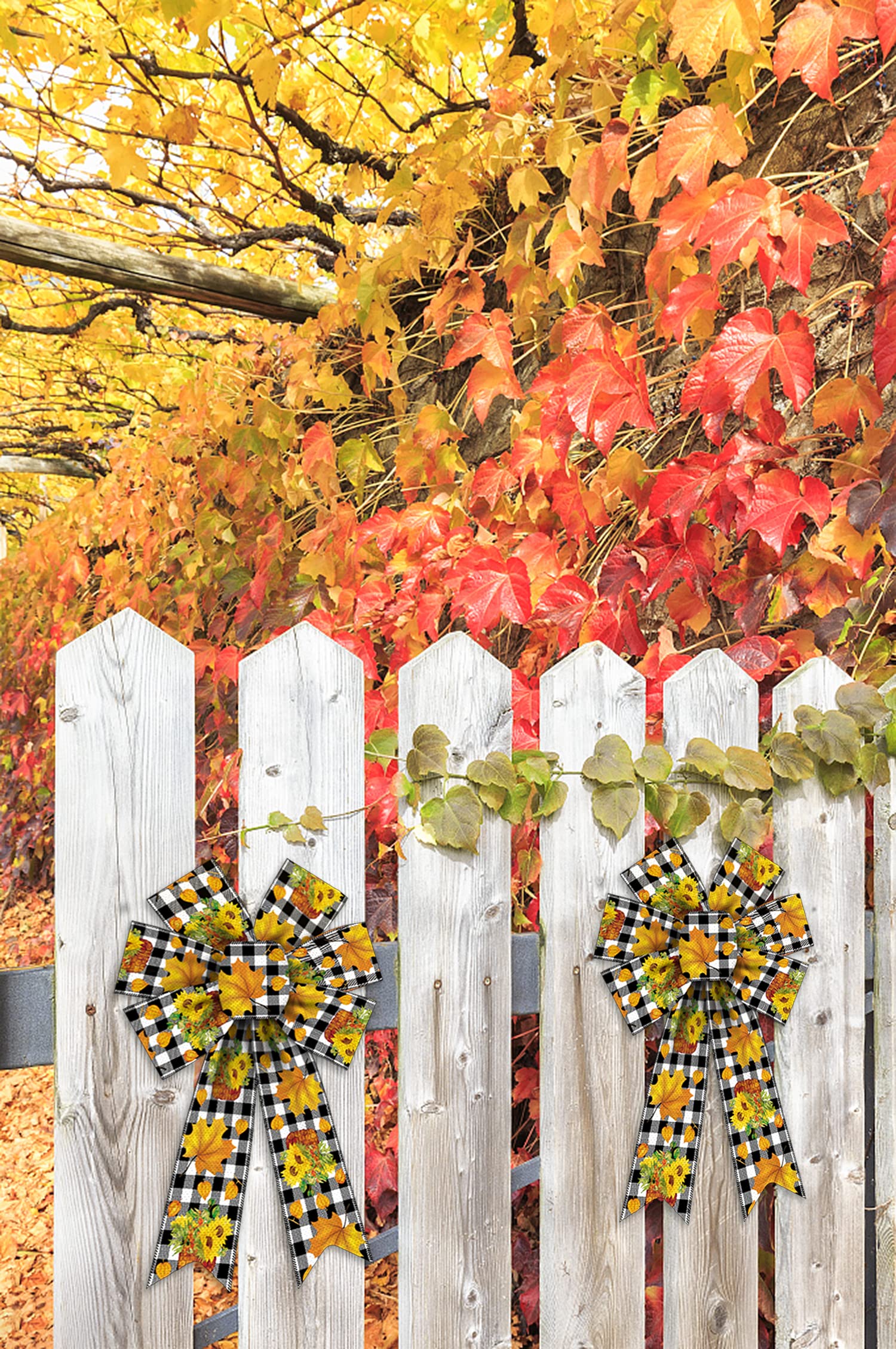 2 Pack Fall Wreath Bows - Thanksgiving Autumn Decor with White Black Buffalo Plaid & Orange Burlap Leaves - Front Door Holiday Decorations for Thanksgiving, Harvest Festival & Seasonal Home Decor