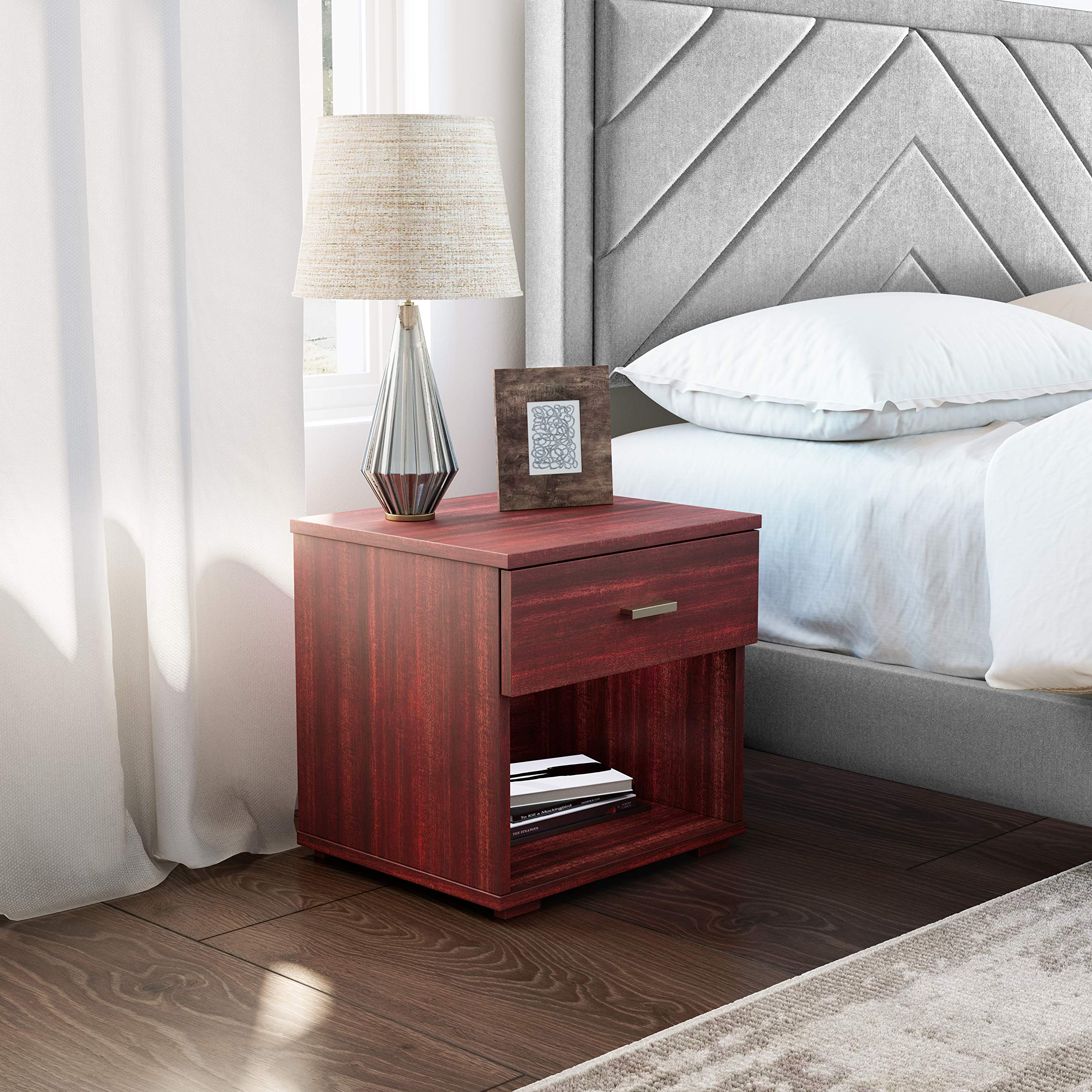 Boyd Sleep Novara Nightstand - Modern Cherry Wood Bedside Table with Deep Drawers & Euro Glides | Perfect for Bedroom Storage & Contemporary Home Decor