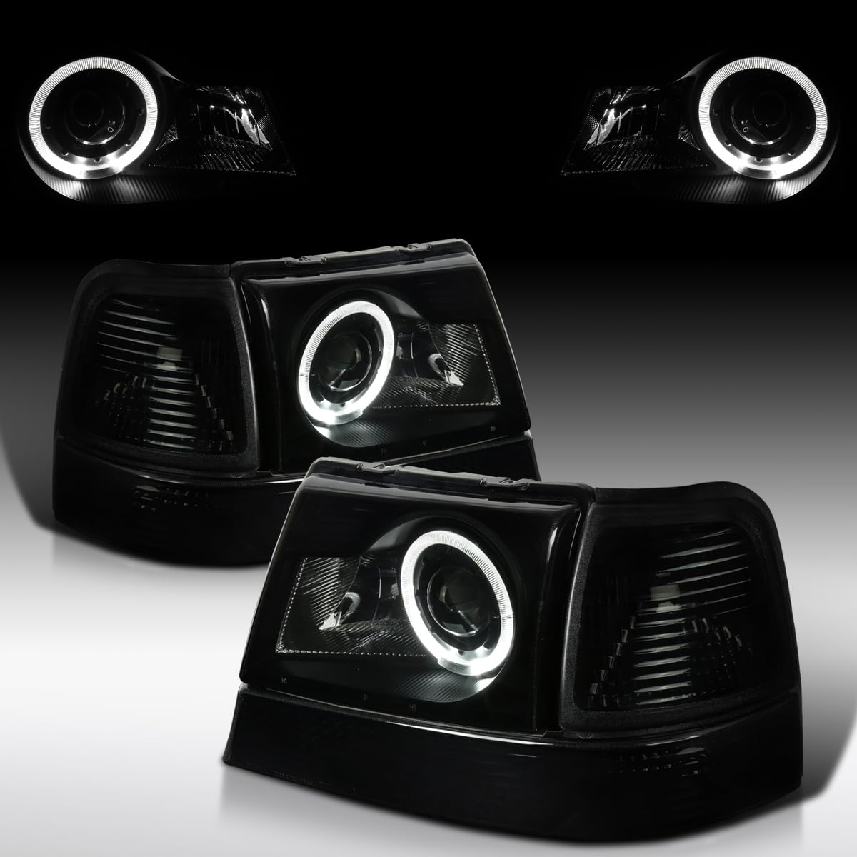 Autozensation Black Smoke Halo Projector Headlights + Corner Signal Lights Pair - Compatible with 1998-2000 Ford Ranger | Upgrade for Off-Road & Night Driving