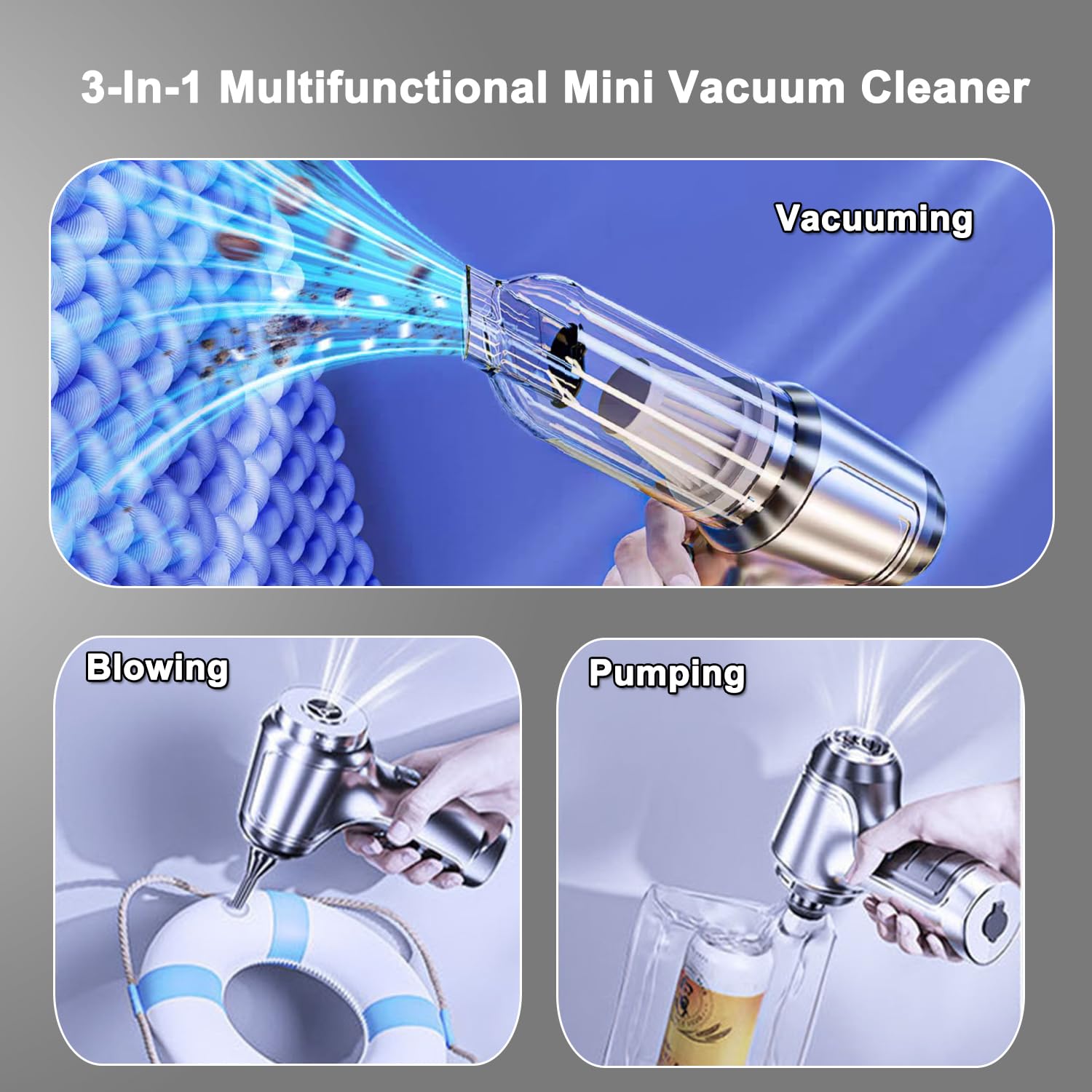 Wireless Portable Mini Car Vacuum Cleaner - 15000PA Powerful Handheld Cordless Vacuum with Brushless Motor, 3-in-1 Rechargeable Vacuum for Car, Home & Office Cleaning (Silver Grey Pro) | Perfect for Quick Car Detailing, Pet Hair Removal & Desktop Dust Cleaning