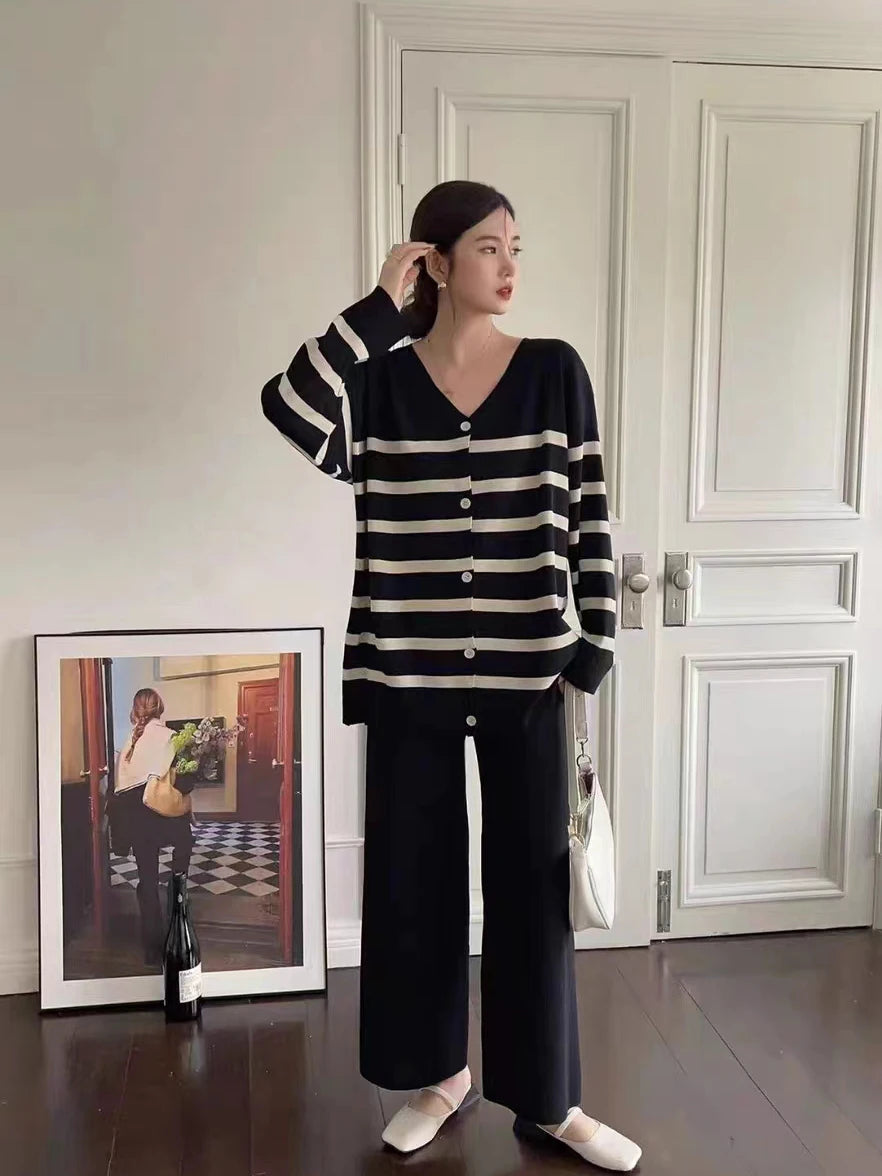 Trendy Autumn/Winter Striped Knit Sweater with Low Neck & Long Sleeves + High Waist Wide Leg Pants Set - Perfect for Casual Outings, Office Wear & Holiday Outfits
