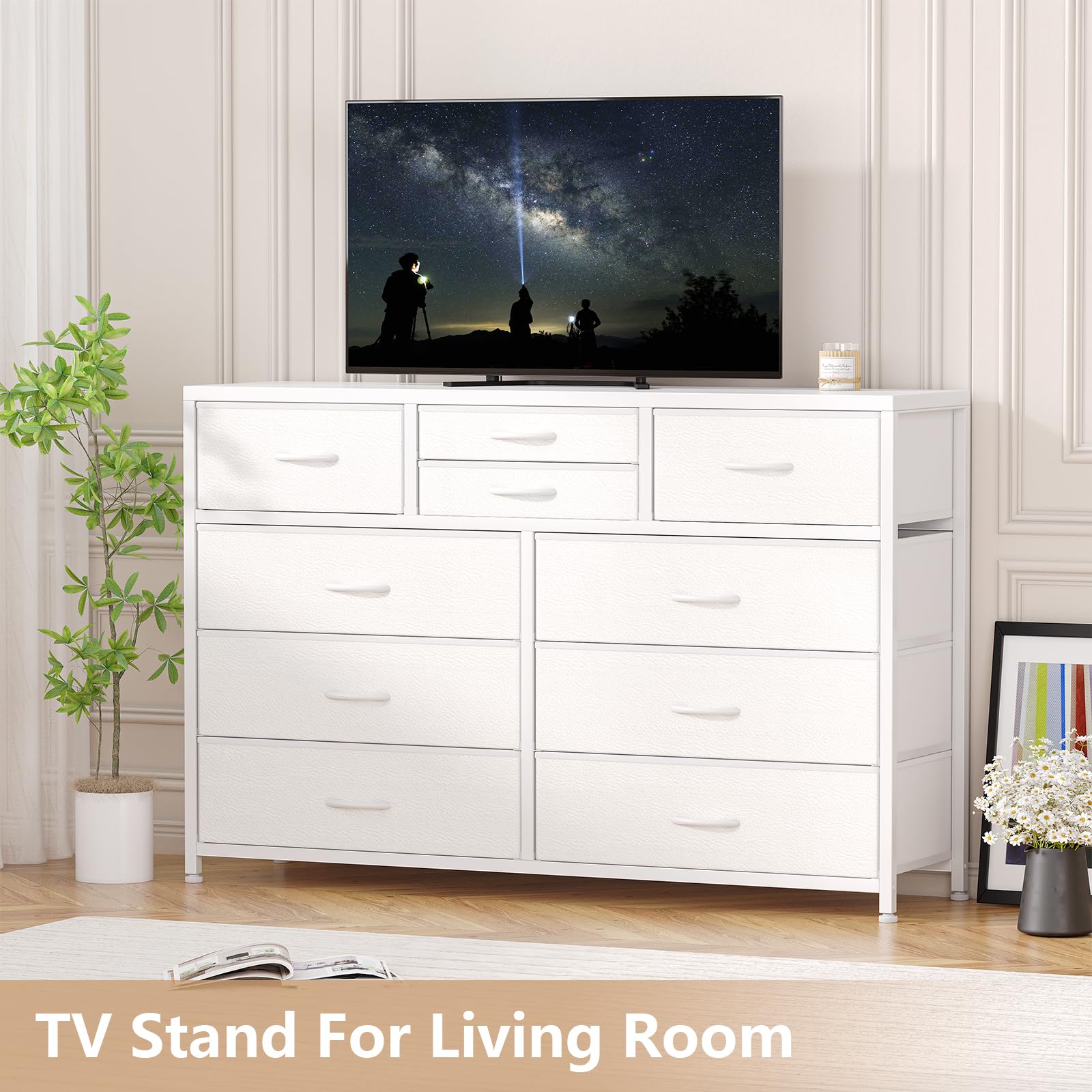 Jojoka 10-Drawer Wide Dresser with Wood Top & Steel Frame - Fabric Storage Cabinet for Bedroom, Hallway, Nursery, Closet - Perfect TV Stand & Entertainment Center Organizer (White)
