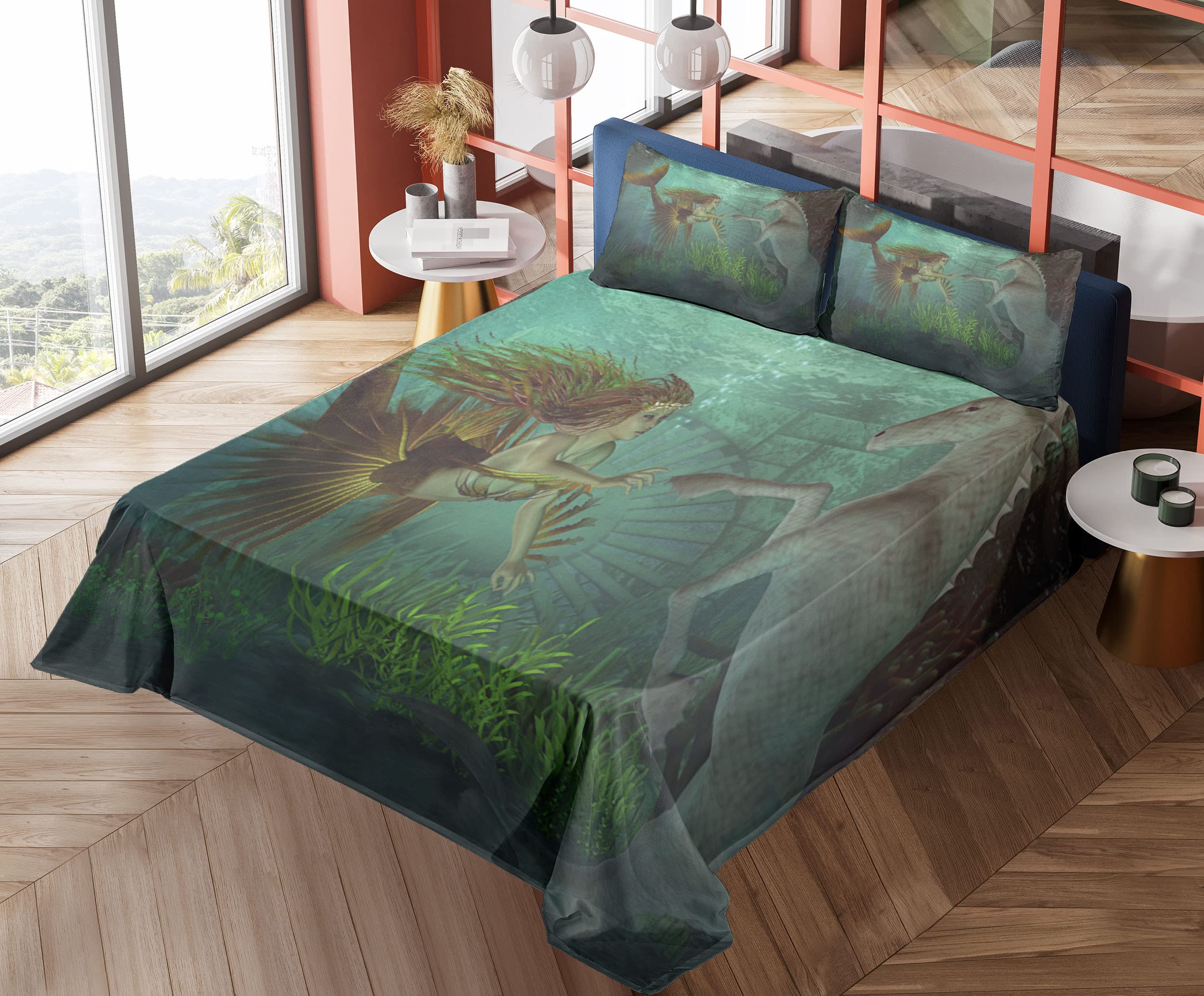 Ambesonne Mermaid Bedding Set 4-Piece - King Size Fitted & Flat Sheets with Pillowcases, Underwater Fantasy Design with Mermaids & Seahorses in Amber Green Aqua - Perfect for Kids' Rooms, Beach Themed Decor, or Fantasy Lovers' Bedrooms