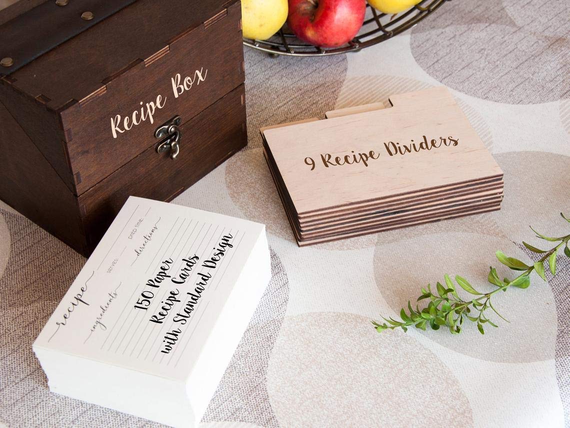 Personalized Wooden Recipe Box with Dividers & Engraved 4x6 Recipe Cards - Custom Kitchen Décor Gift for Mom, Grandmother, Bridal Shower & Wedding - Perfect for Organizing Family Recipes & Handwritten Cooking Traditions