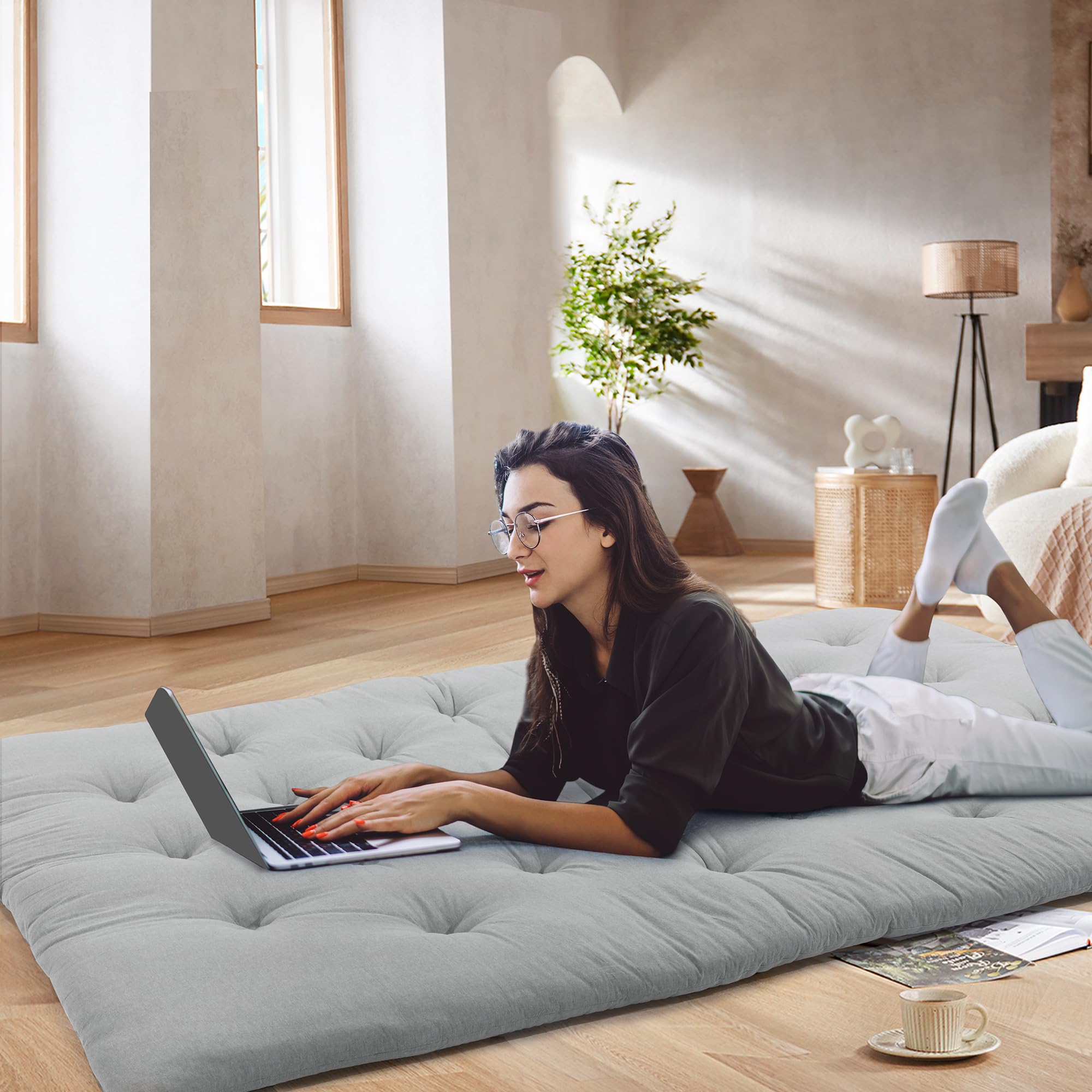 Japanese Floor Mattress Twin Size - Foldable Tatami Mat with 100% Cotton Shell - Futon Mattress & Dorm Sleeping Pad - Roll Up Floor Lounger Bed for Adults & Kids (Grey, 80