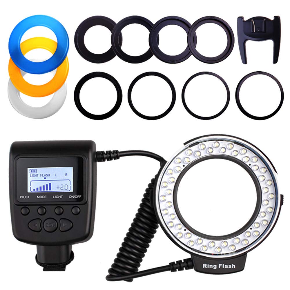 48Pcs LED Macro Ring Flash Light RF-550D with 8 Adapter Rings & 4 Diffusers - Professional Photography Lighting for Makeup, YouTube Videos, Product Shooting and Macro Photography