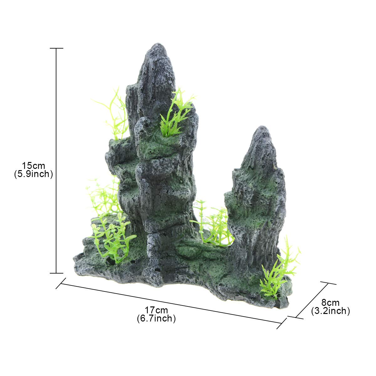 Natural Aquarium Mountain View Stone Ornament - Resin Rockery Hiding Cave with 2 Plastic Fish Decor for Small Fish & Shrimp | Fish Tank Landscape Decoration for Betta, Guppy, Shrimp Tanks & Aquatic Environments