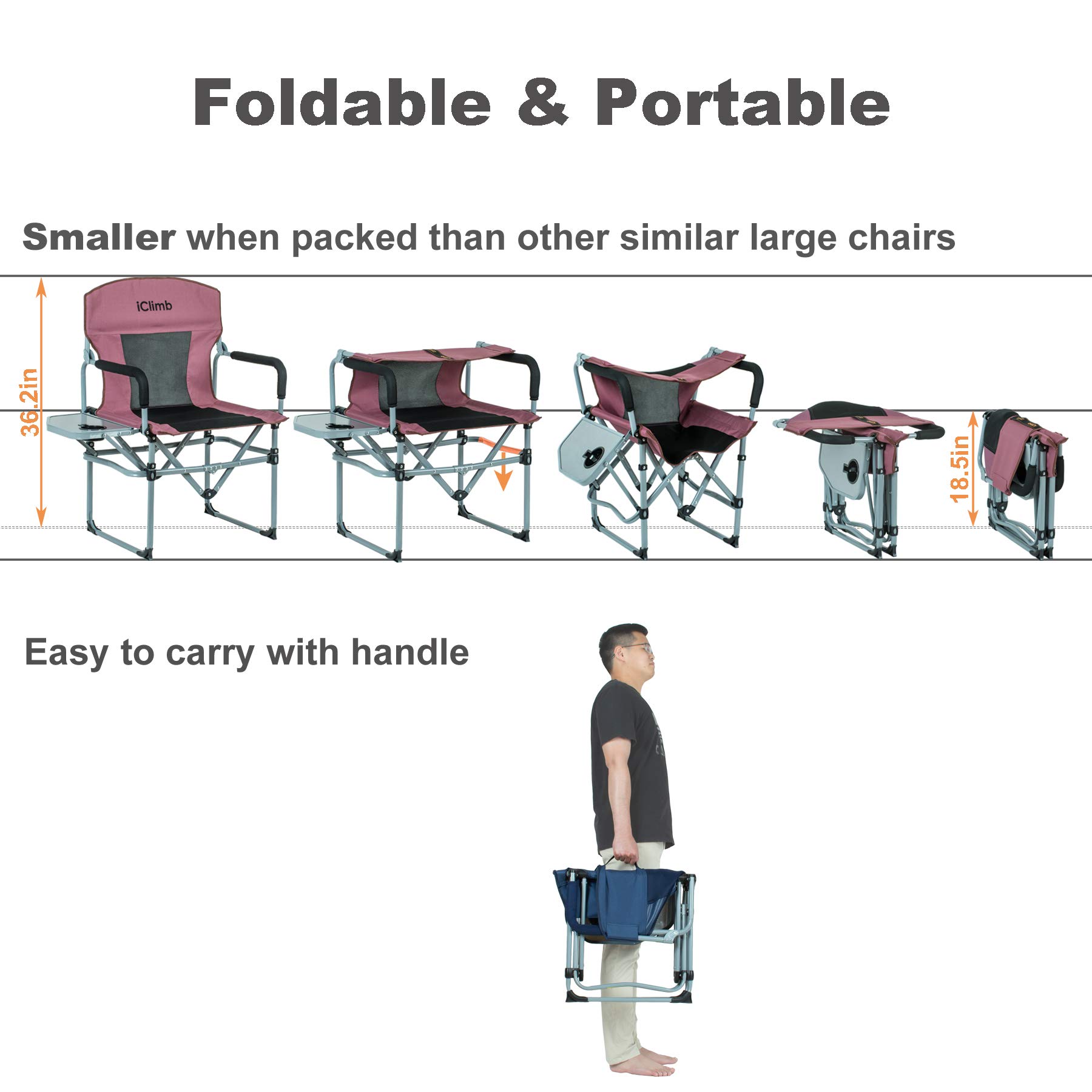 iClimb Heavy Duty Compact Camping Folding Mesh Chair with Side Table & Carry Handle - Portable Outdoor Chairs for Camping, Beach, Picnic, Backyard (2 Navy + 2 Black Bundle)