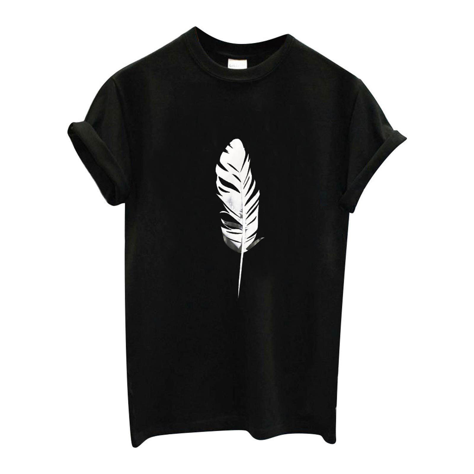 Women's Summer Feather Print Short Sleeve T-Shirt - Casual Loose Fit Graphic Tee for Juniors | Perfect for Beach Outings, Music Festivals & Everyday Wear