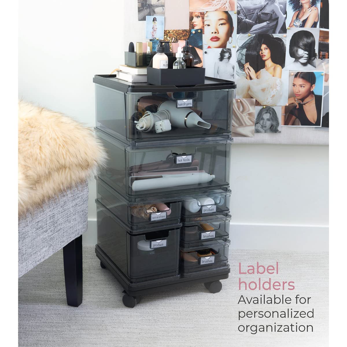 iDesign The Sarah Tanno Collection Large 7-Drawer Stacking Cosmetic Organizer Cart - Smoke Black | Makeup Storage Organizer for Vanity, Bathroom & Bedroom | Portable Beauty Storage Solution for Cosmetics, Skincare & Jewelry