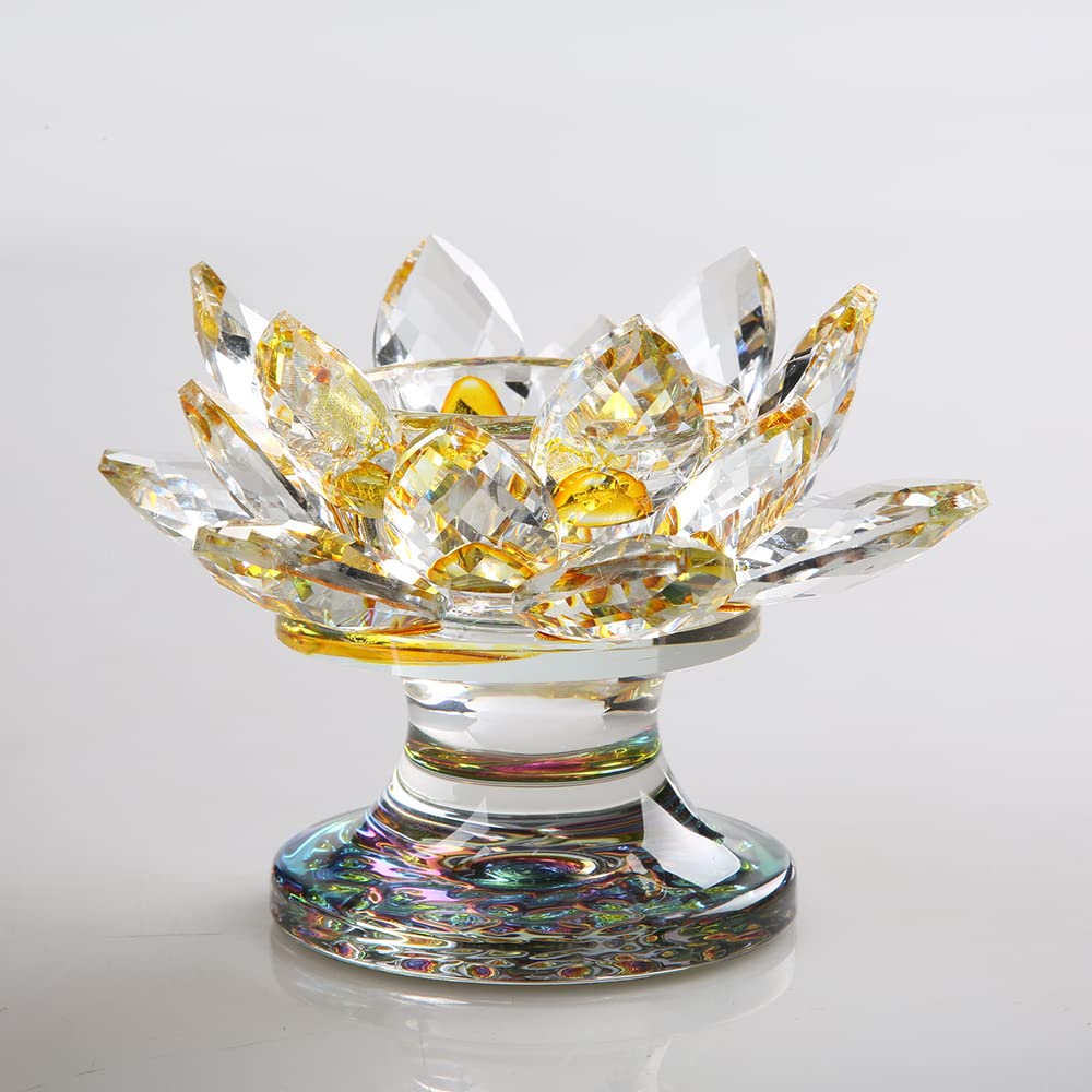 4.5 Inch Yellow Glass Lotus Tea Light Candle Holder - Elegant Crystal Night Light for Home Decor, Wedding, Christmas & Party - Perfect for Window Sill, Bedroom & Table Centerpiece