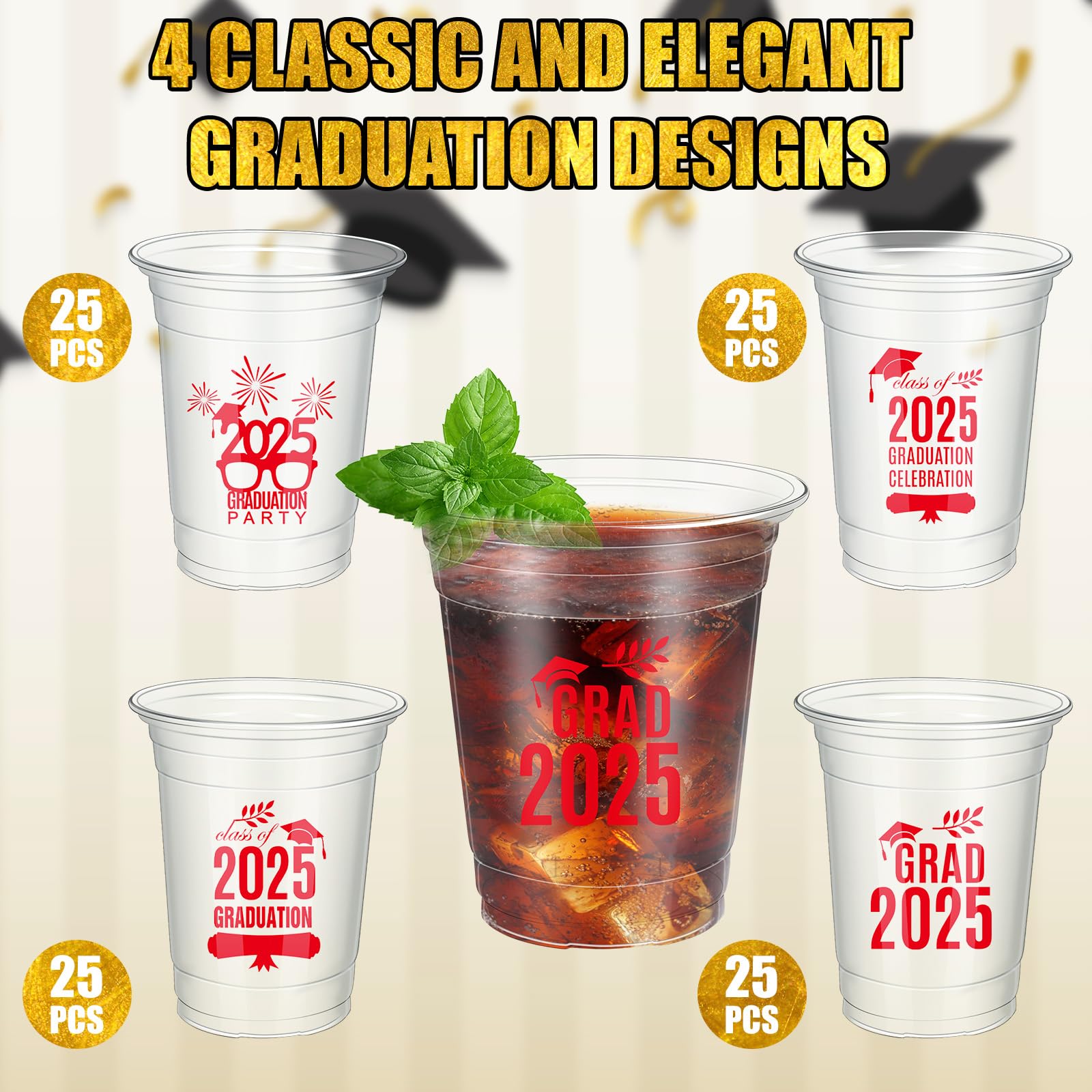 100 Pcs Class of 2025 Graduation Cups - 16 oz Disposable Plastic Party Cups for Graduation Celebrations - Clear Drinkware for Congrats Grad Party Supplies - Perfect for Graduation Ceremonies, After-Party Events & School Celebrations (Red)