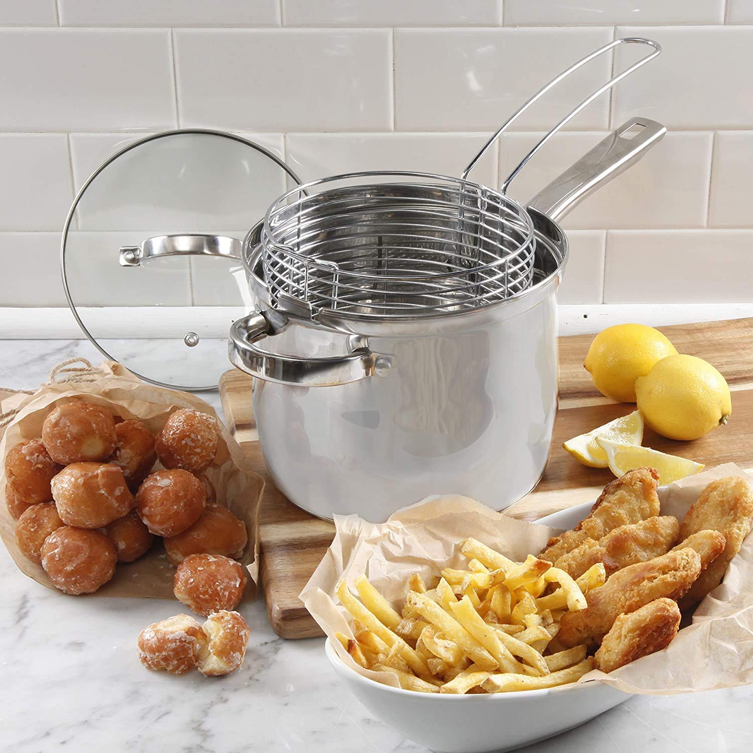 Oster 91537.03 Sangerfield 3.65 Quart Stainless Steel Deep Fryer Set - 3-Piece Cookware for Crispy Fried Chicken, French Fries & Donuts - Perfect for Home Kitchen & Restaurant Use