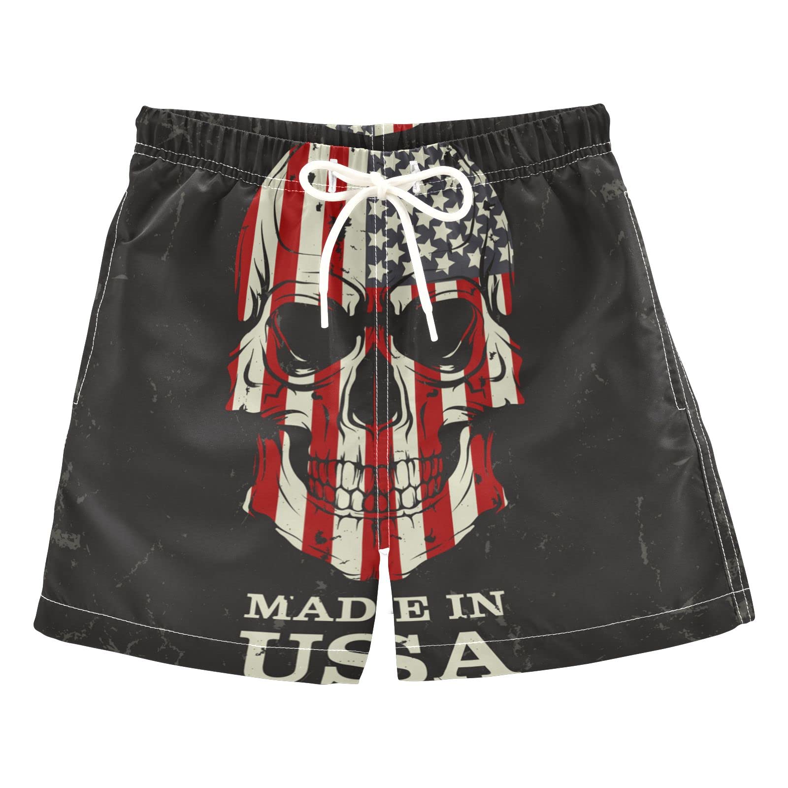 AMICHIC Boys Patriotic Skull Swim Trunks - Quick Dry Board Shorts for Beach, Surf & Pool - Hawaii Vacation Essentials for Kids & Teens