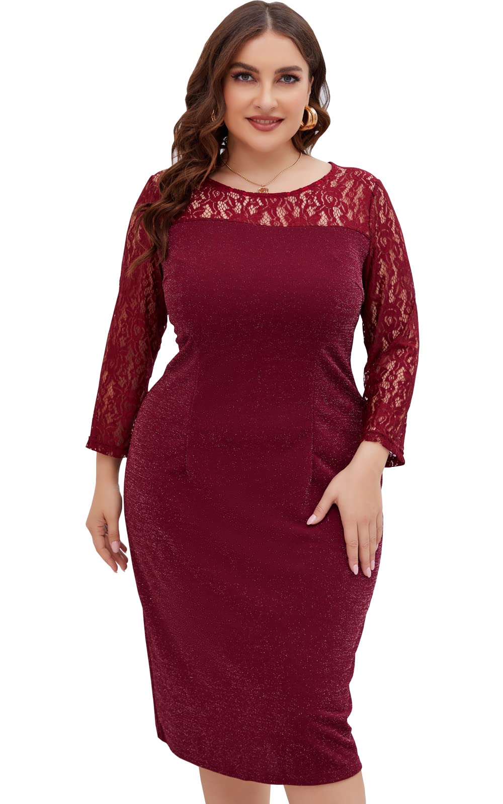 Plus Size Floral Lace Cocktail Dress - Elegant Long Sleeve Knee-Length Party Gown for Women | Perfect for Evening Events, Weddings & Special Occasions