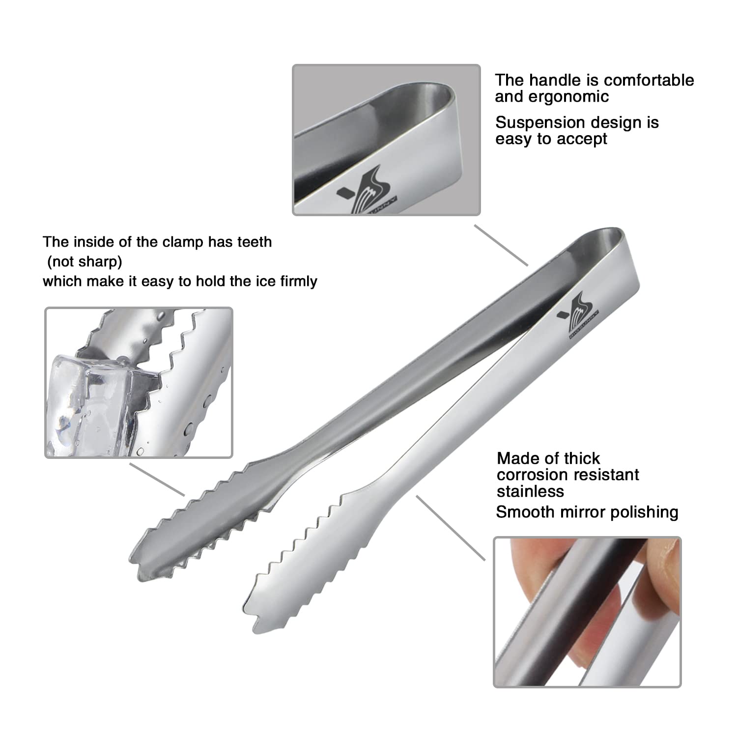 MSY BIGSUNNY 7-Inch Stainless Steel Ice Tongs with Teeth - Silver Small Serving Tongs for Ice Bucket, Cocktails, and Party Drinks