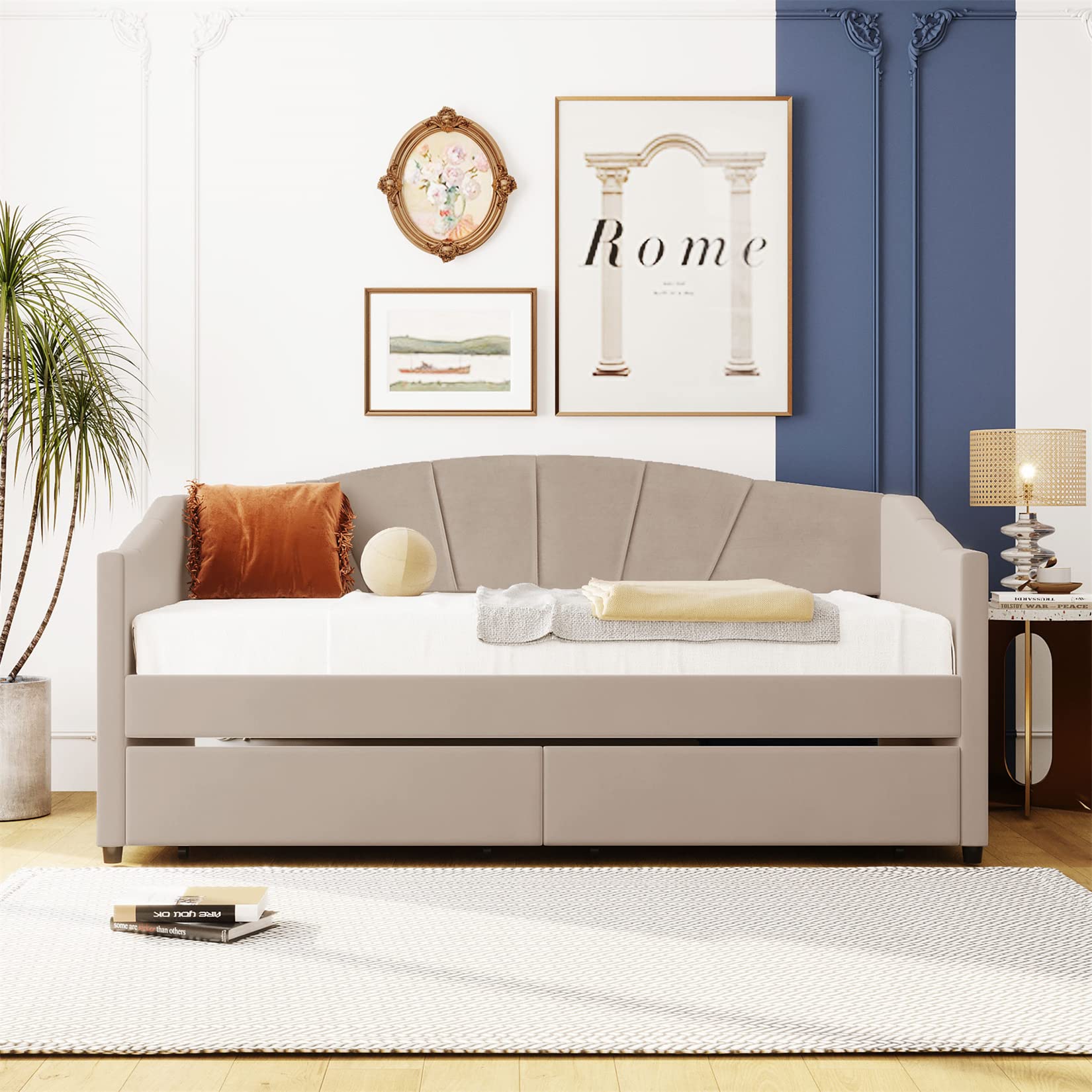 Bellemave Twin Daybed with Storage Drawers - Upholstered Velvet Sofa Bed Frame, Beige Convertible Sleeper for Small Spaces | Perfect for Bedroom, Living Room, Guest Room & Studio Apartments