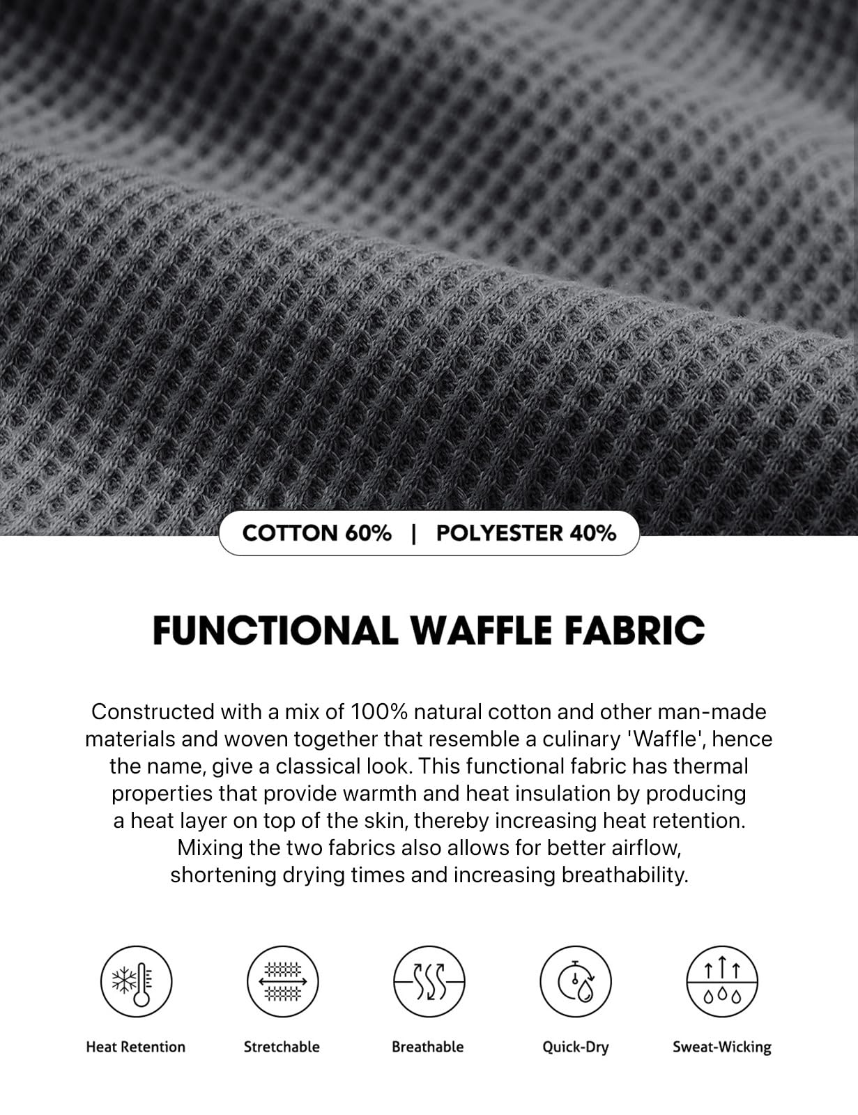 CQR Men's Thermal Underwear Long Sleeve Shirt - Midweight Waffle Knit Base Layer for Winter & Cold Weather - Ideal for Skiing, Hiking, and Outdoor Activities