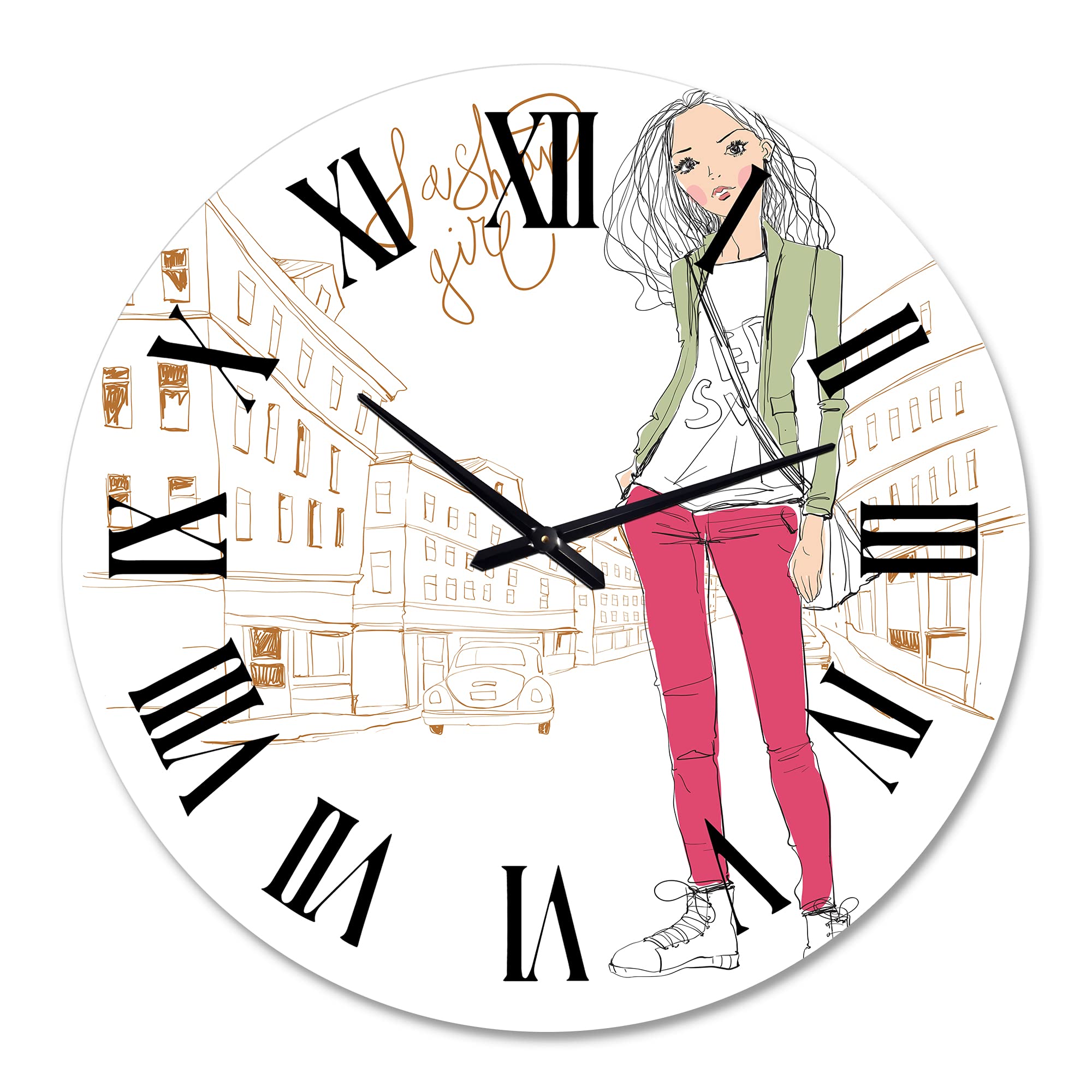 DesignQ Trendy Fashion Girl II Large Wall Clock - Kids Room Decor, Children's Art Clock, Living Room Wall Decor for Girls Bedroom & Playroom