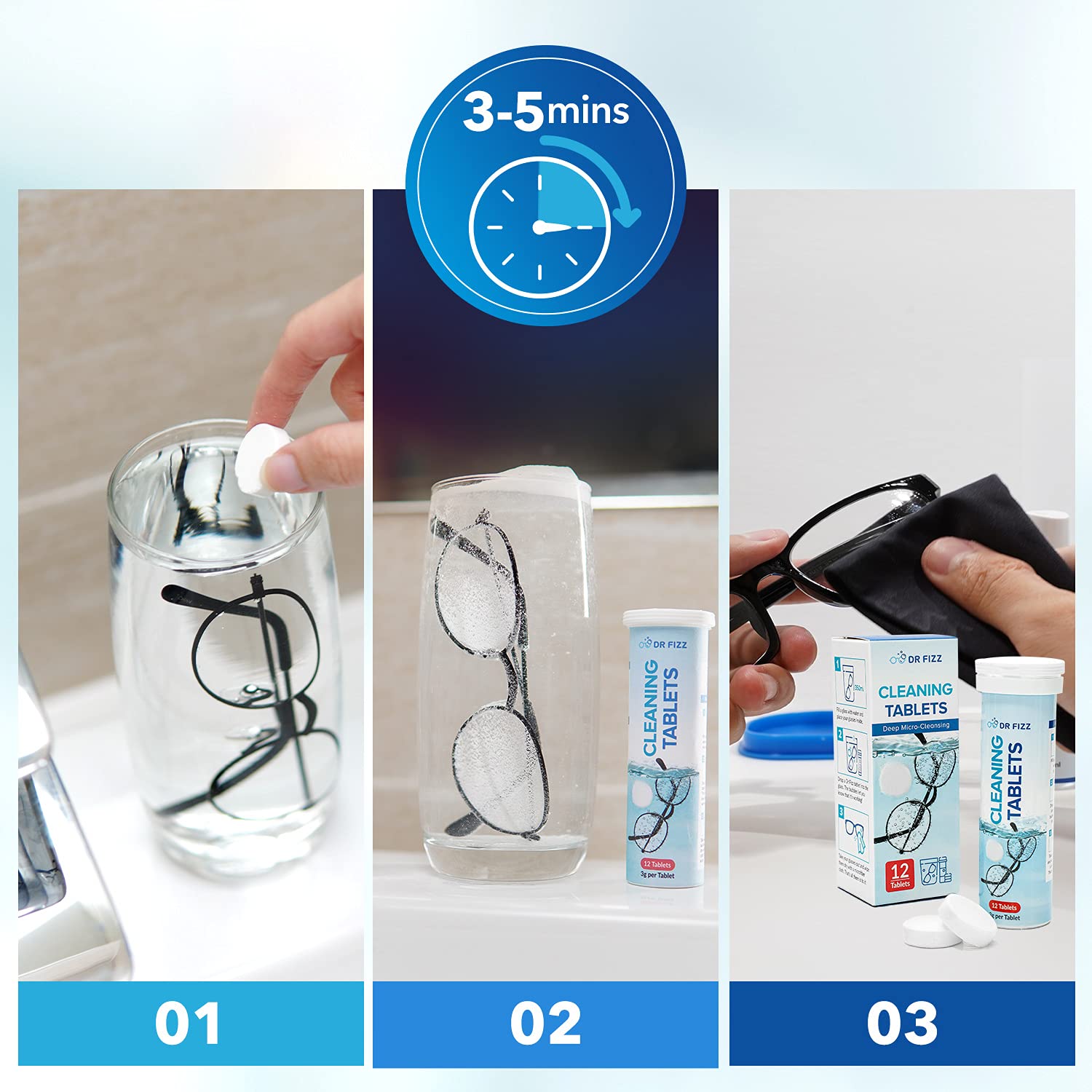 Glass Cleaning Tablets - 12 Pack | Lens Cleaning Tablets for Eyeglasses, Sunglasses & Screens | Removes Dirt, Dust & Smudges | Perfect for Prescription Glasses, Reading Glasses & Phone Screens | Travel-Friendly & Quick Cleaning Solution