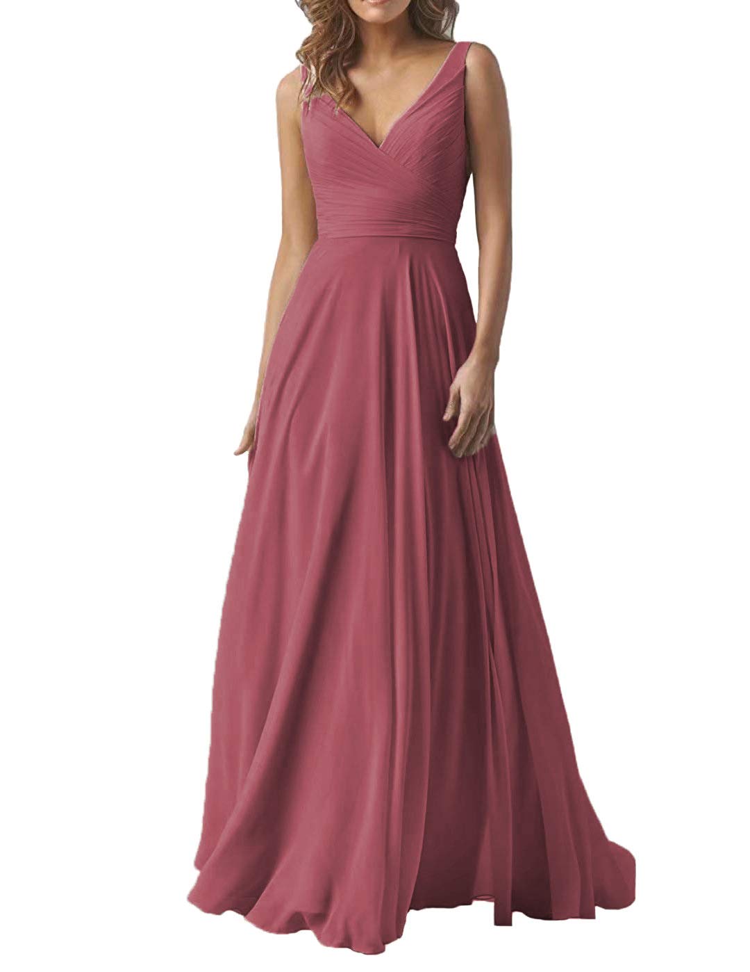 YUESUO Women's Elegant Double V-Neck Chiffon Bridesmaid Dress - A-Line Formal Evening Gown for Wedding, Party & Special Occasions | Mulberry Color