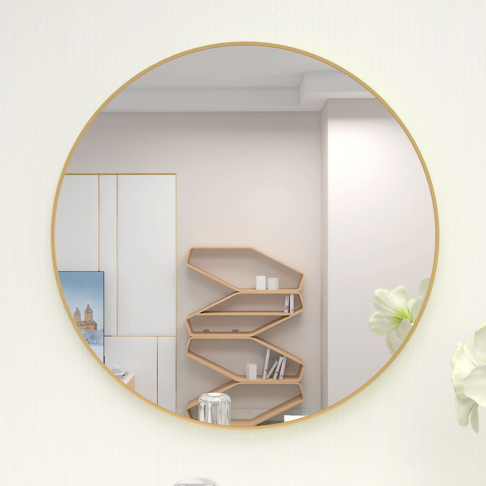 Anwick 32 Inch Gold Round Wall Mirror - Large Farmhouse Circle Mirror for Bathroom, Vanity, Entryway & Home Decor - Perfect for Makeup, Hallway & Living Room Wall Decoration