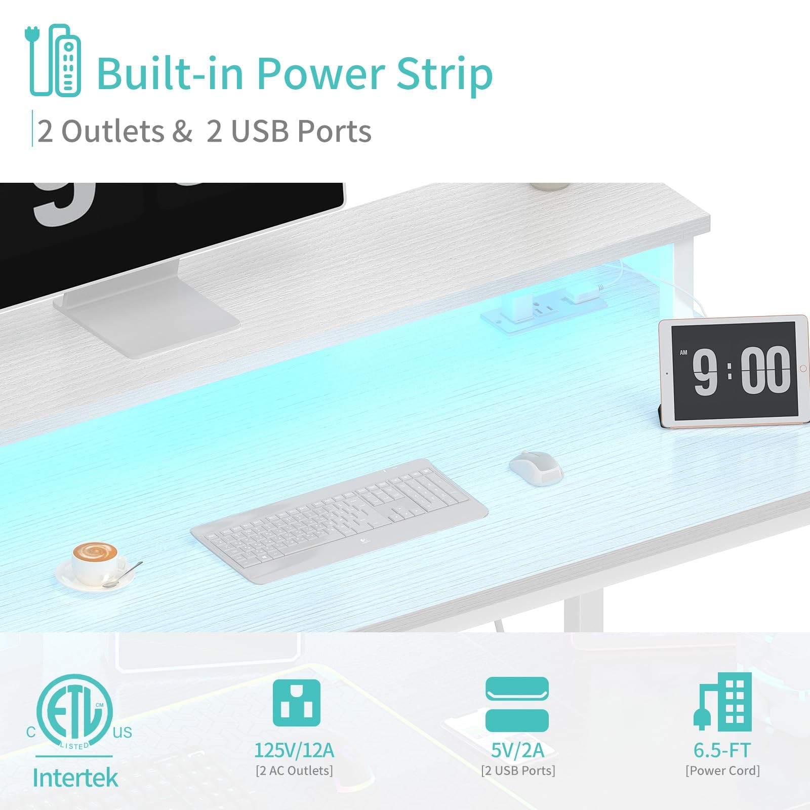 Lufeiya 40 Inch White LED Computer Desk with Power Outlets & Charging Station - Modern Home Office Desk with Monitor Stand, Study Table & Gaming Desk for Teens & Adults - Perfect for Small Spaces, Remote Work & Online Classes