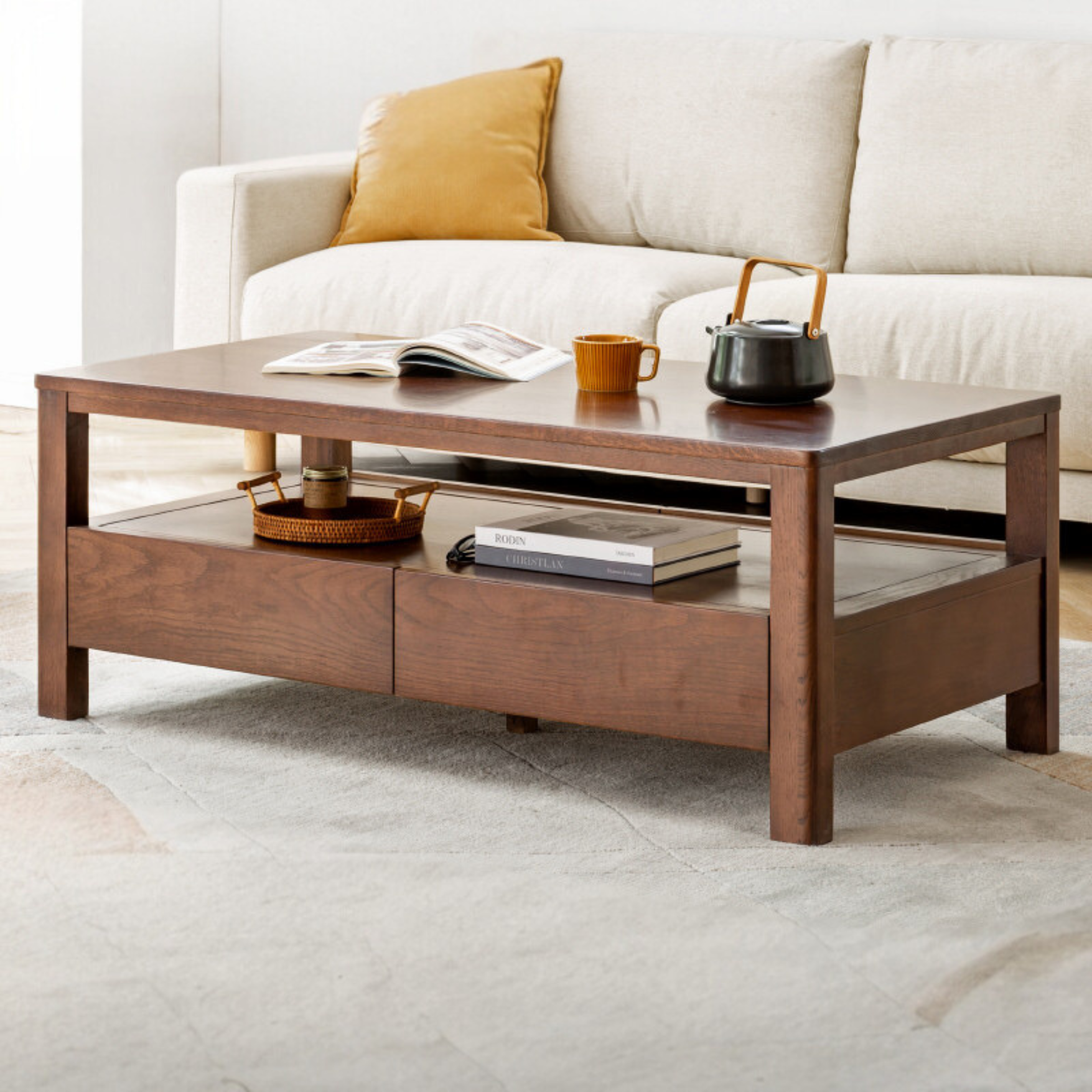 Solid Oak Wood Modern Minimalist Coffee Table - Scandinavian Style Living Room Furniture for Home Decor