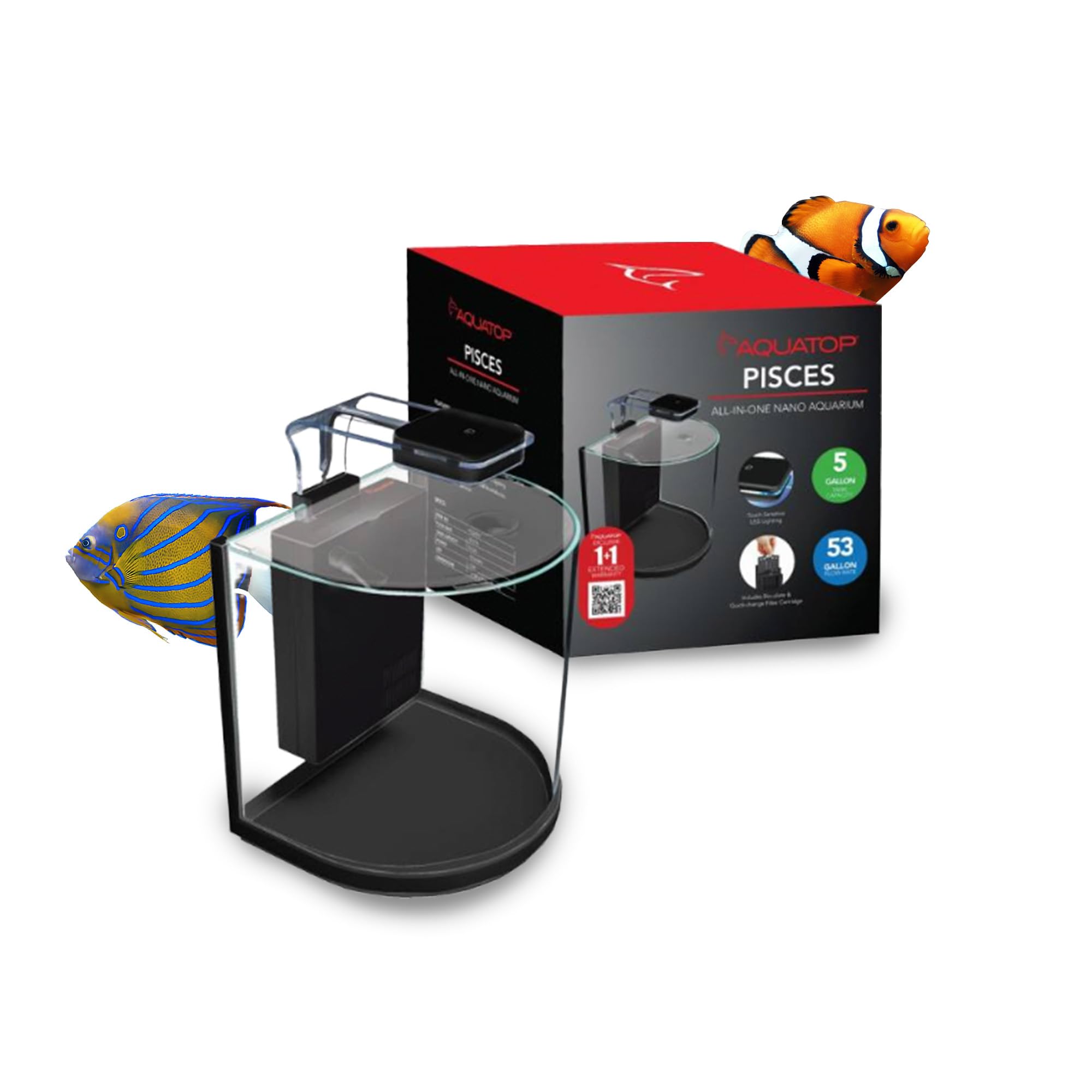 Aquatop Pisces 5-Gallon Curved Bowfront Nano Aquarium Kit with Touch-Sensitive LED Light & Filter - 53 GPH Flow Rate - Semi-Circle Glass Fish Tank for Home, Office, or Classroom Decor