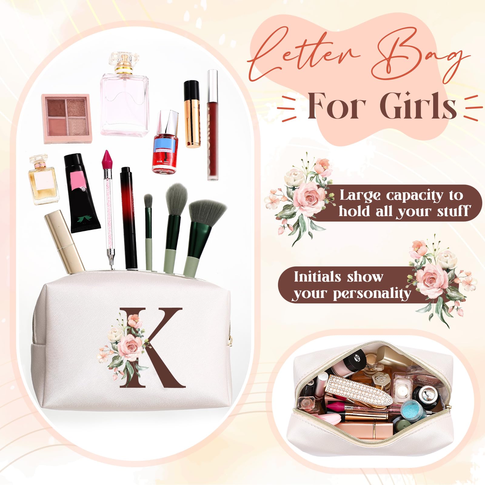 Personalized Monogram Letter K Makeup Bag - Custom Initial Cosmetic Pouch for Women, Girls & Teens - Perfect Birthday, Mother's Day & Graduation Gift - Great for Travel, Gym & Everyday Use