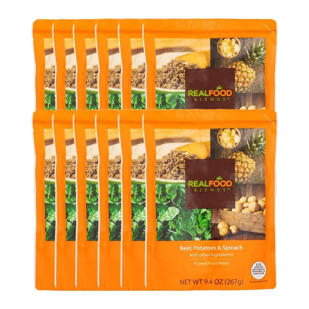 Real Food Blends Beef, Potatoes & Spinach Puree - High Protein Tube Feeding Meals with Vegetables & Fruits - 330 Calorie Nutrient-Rich Pureed Food for Adults & Seniors - 9.4 oz Pouch (12 Pack) - Ideal for G-Tube, PEG Tube & Meal Replacement