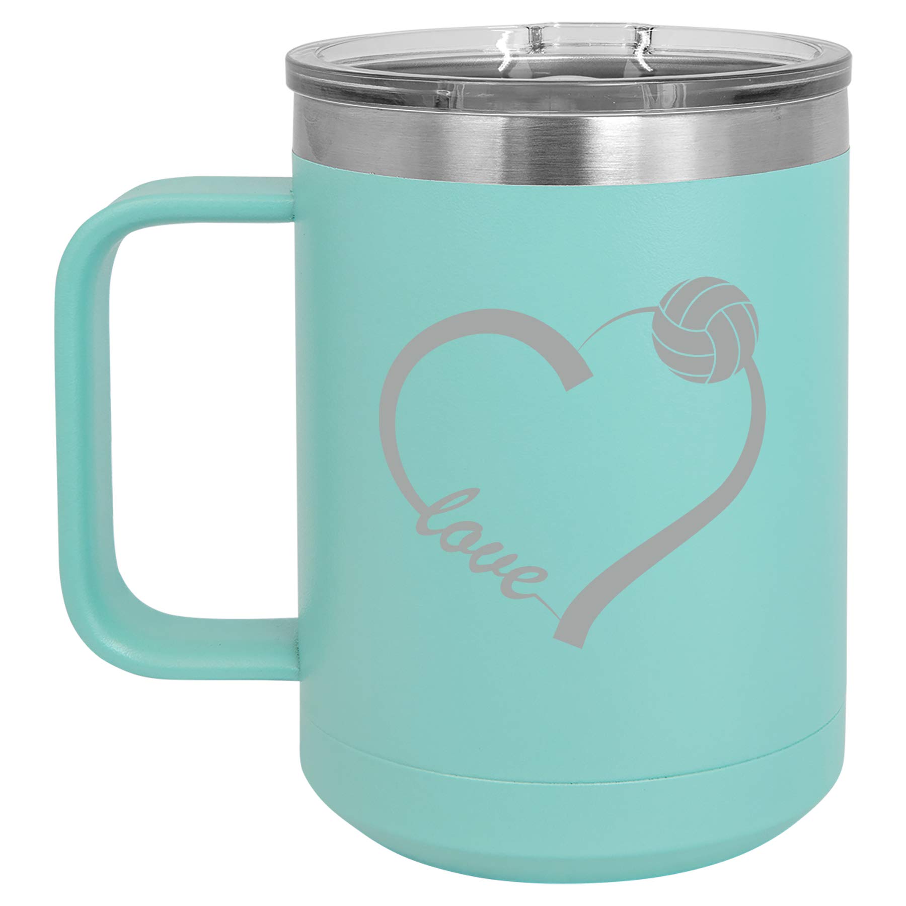 15 oz Vacuum Insulated Stainless Steel Tumbler with Handle & Lid - Heart Volleyball Design in Teal - Perfect for Coffee, Tea & Travel | Leakproof Thermal Cup for Office, Gym & Outdoor Activities