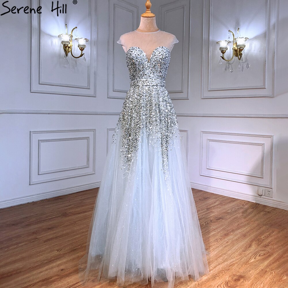 Serene Hill Luxury A-Line Grey Evening Dresses for Women 2025 - Beaded Detachable Sleeves Formal Gowns for Parties, Prom, Weddings & Special Occasions