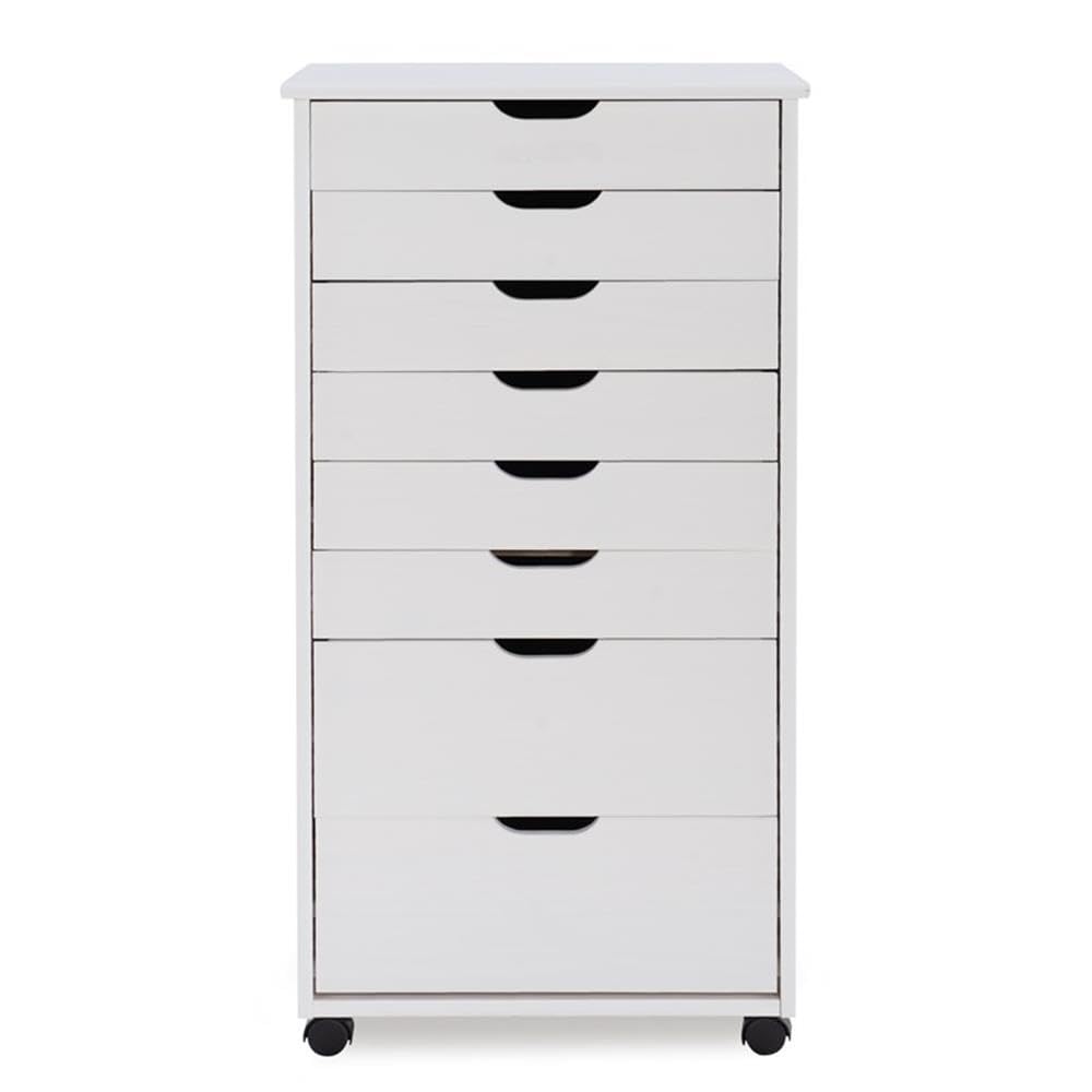 8-Drawer White Wash Wood Storage Cart - Transitional Style Organizer for Bedroom, Bathroom, or Office Storage